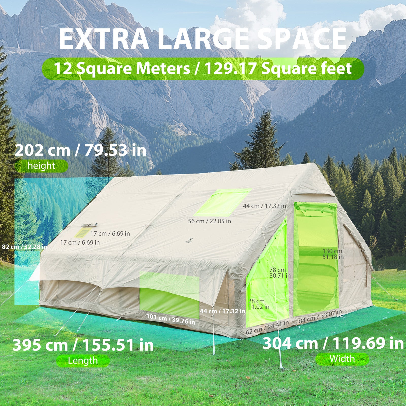 Nice C 12-Person Blow-Up Tent for Camping &amp; Glamping, Adults Inflatable Tent, Waterproof, Windproof, 2-in-1 Air Valve