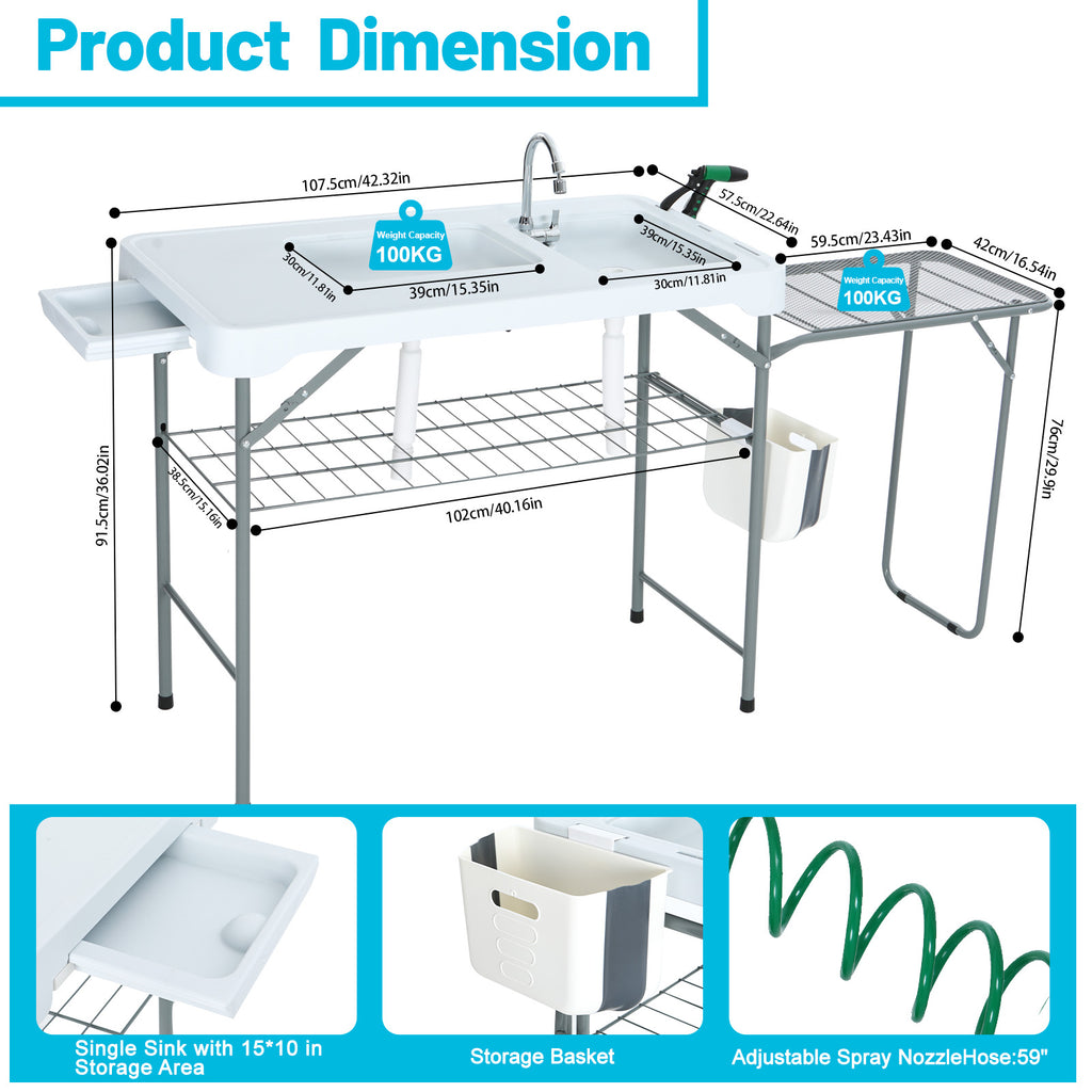 Nice C Outdoor Fish Cleaning Table with Sink, Spray, and Storage Rack 