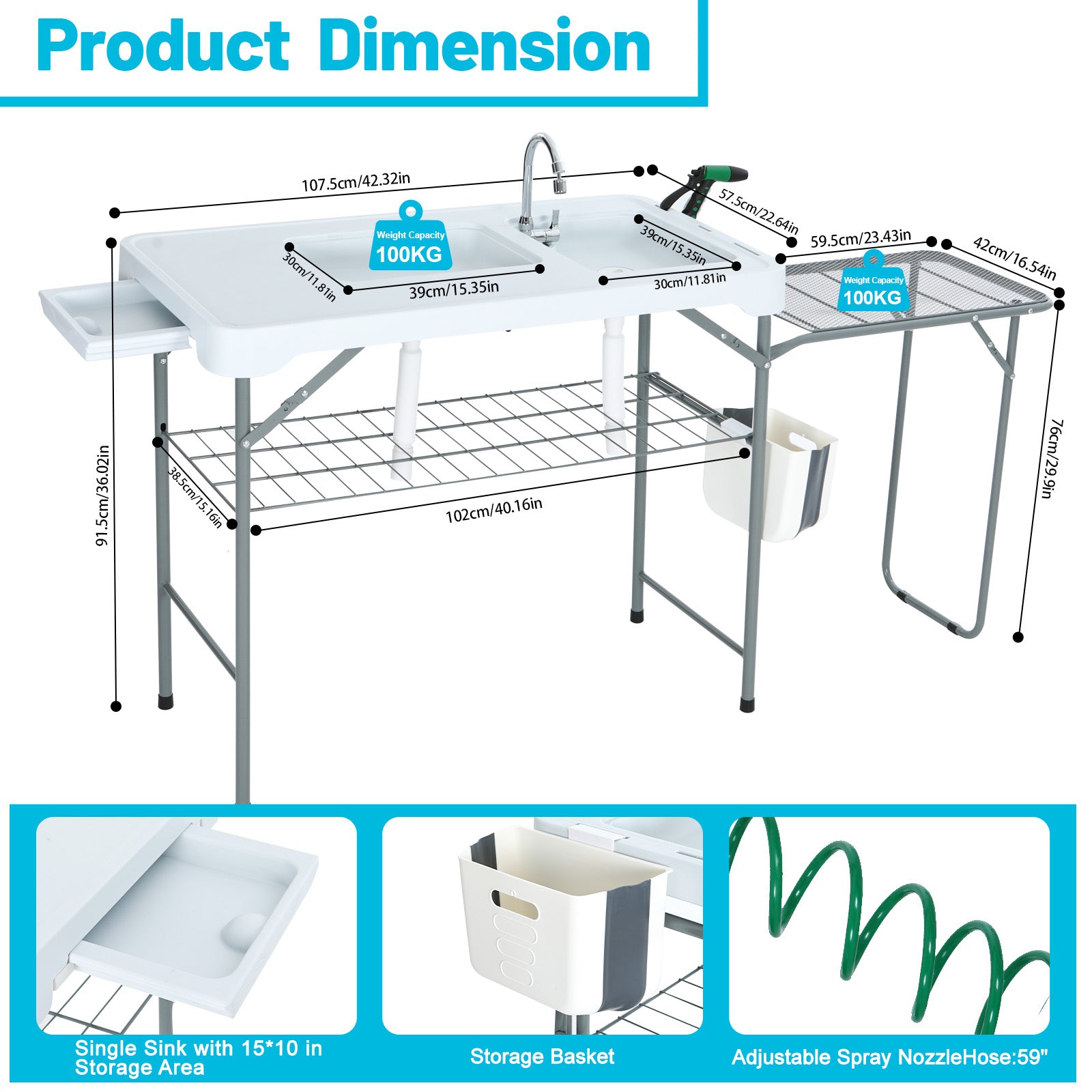 Nice C Outdoor Fish Cleaning Table with Sink, Spray, and Storage Rack 