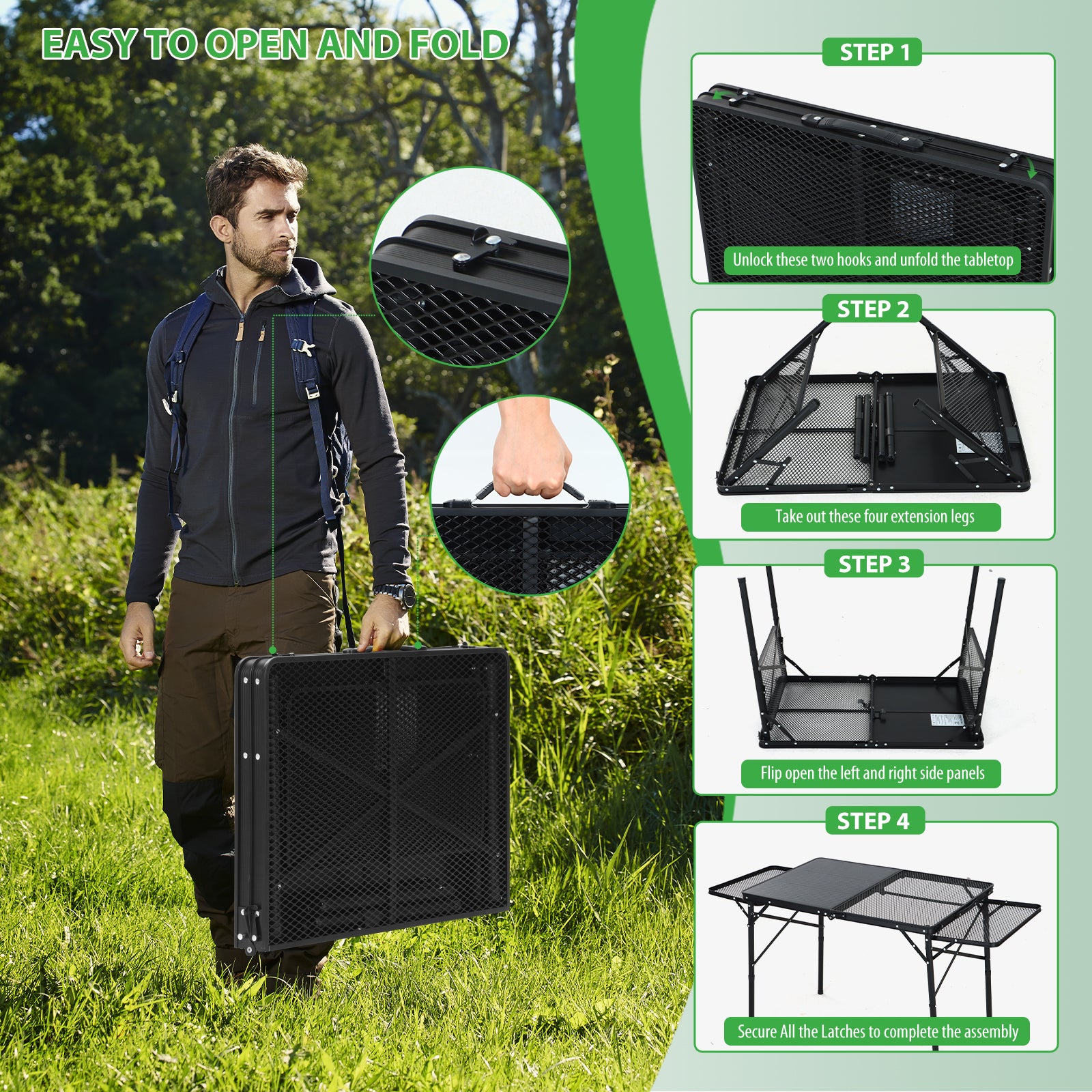 Nice C Solar-Powered Camping Table, USB/Type-C/DC Charging, Mesh Storage, Cup Holders