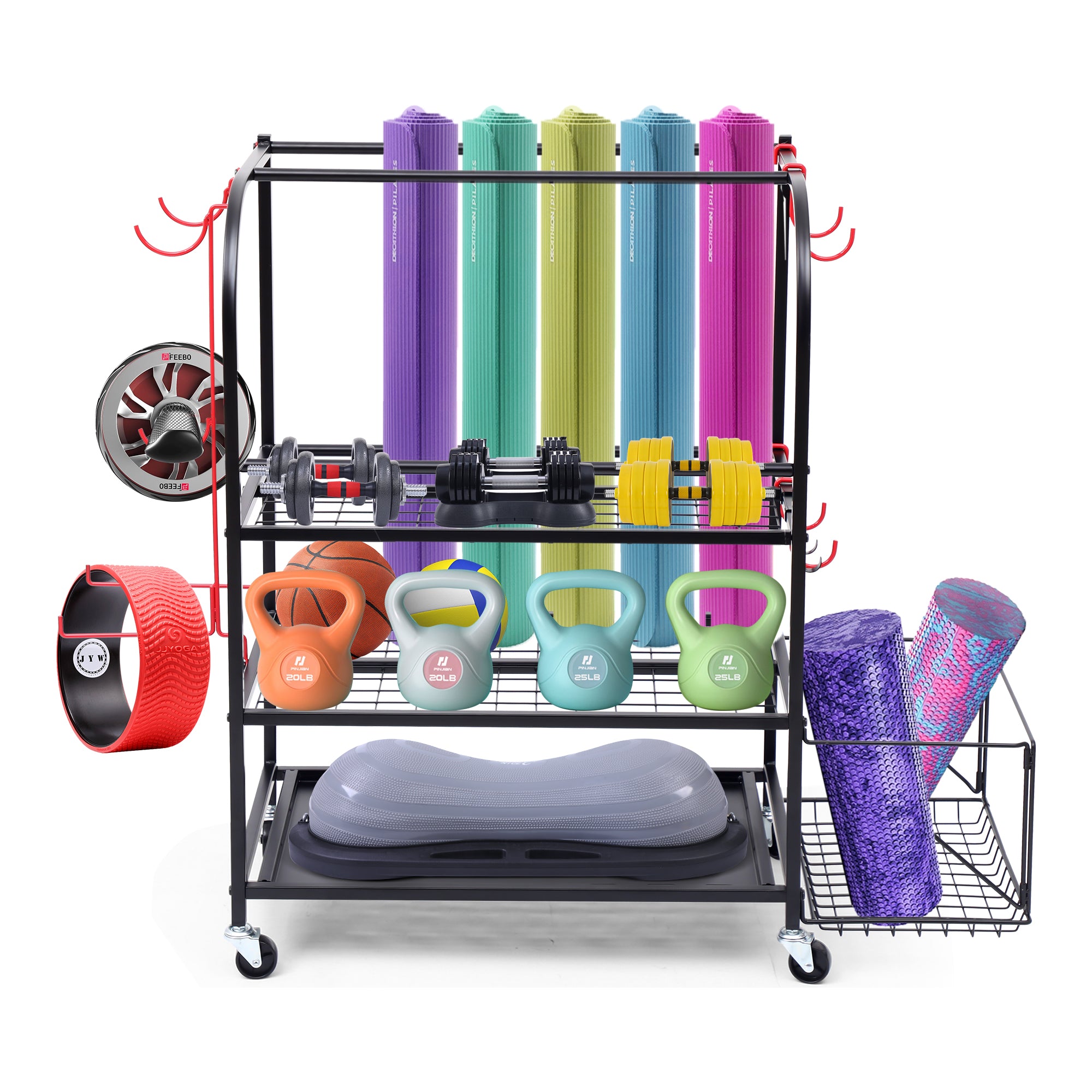 Nice C Outdoor Toy Storage, Garage Organization, Sports Equipment Organizer, Rolling Garage Storage System, Ball Storage Rack, Yoga Mat Storage with Hooks and Basket (3-Layer-Curved)