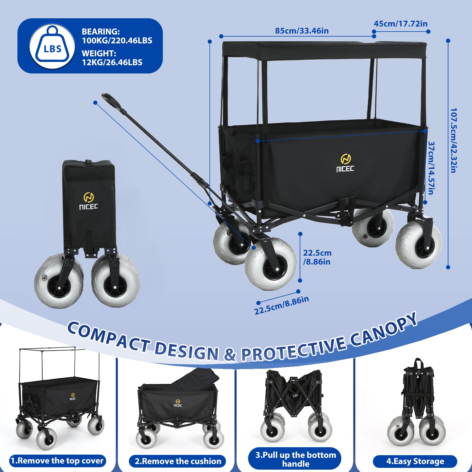 Nice C Beach Cart with Balloon Wheels, Heavy-Duty Folding Wagon for Sand, Adjustable Handle, Collapsible Utility Cart, 220 lbs Capacity