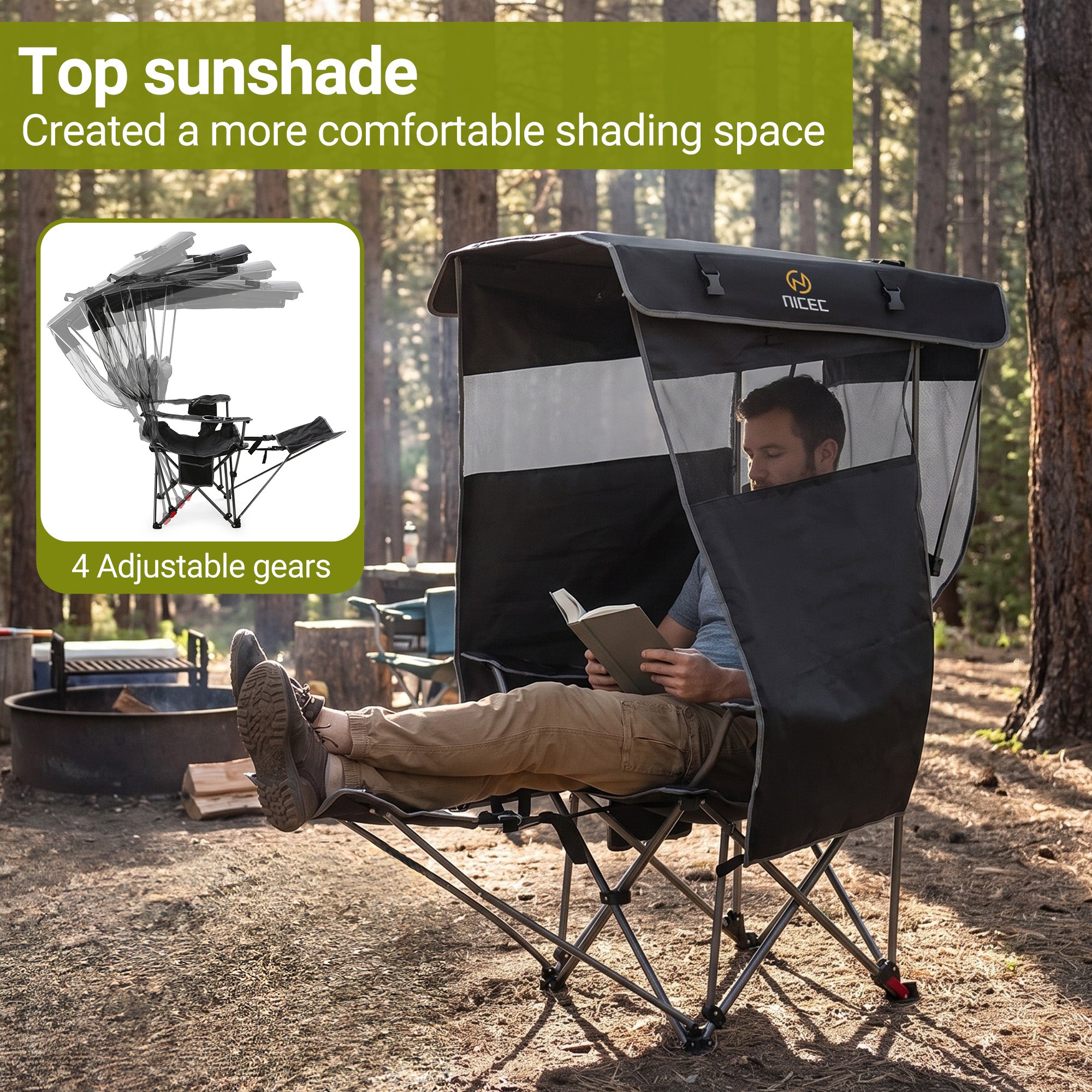 Nice C 4-Position Reclining Canopy Camping Chair with Footrest (1 Pack/2 Pack) | Portable Folding Outdoor Umbrella Chair with Shade, Reclining Chair with Cooler Bag, Cup Holder for Camping, Beach, Sports