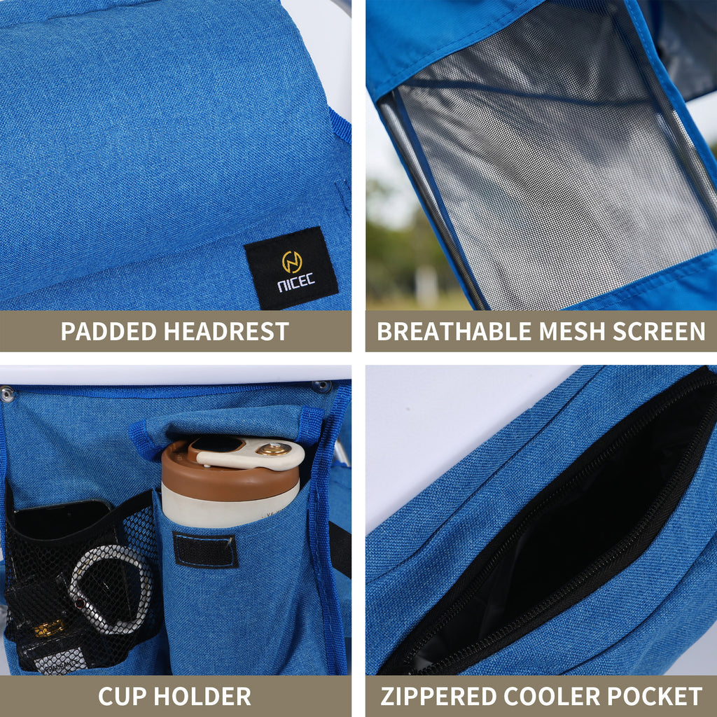 Nice C 5 Position Reclining Backpack Beach Chair with Canopy (Blue, 1 Pack/2 Pack) | Folding Beach Chair, Headrest, Cooler Pocket, Cup Holder, Lightweight, Fishing, Travel