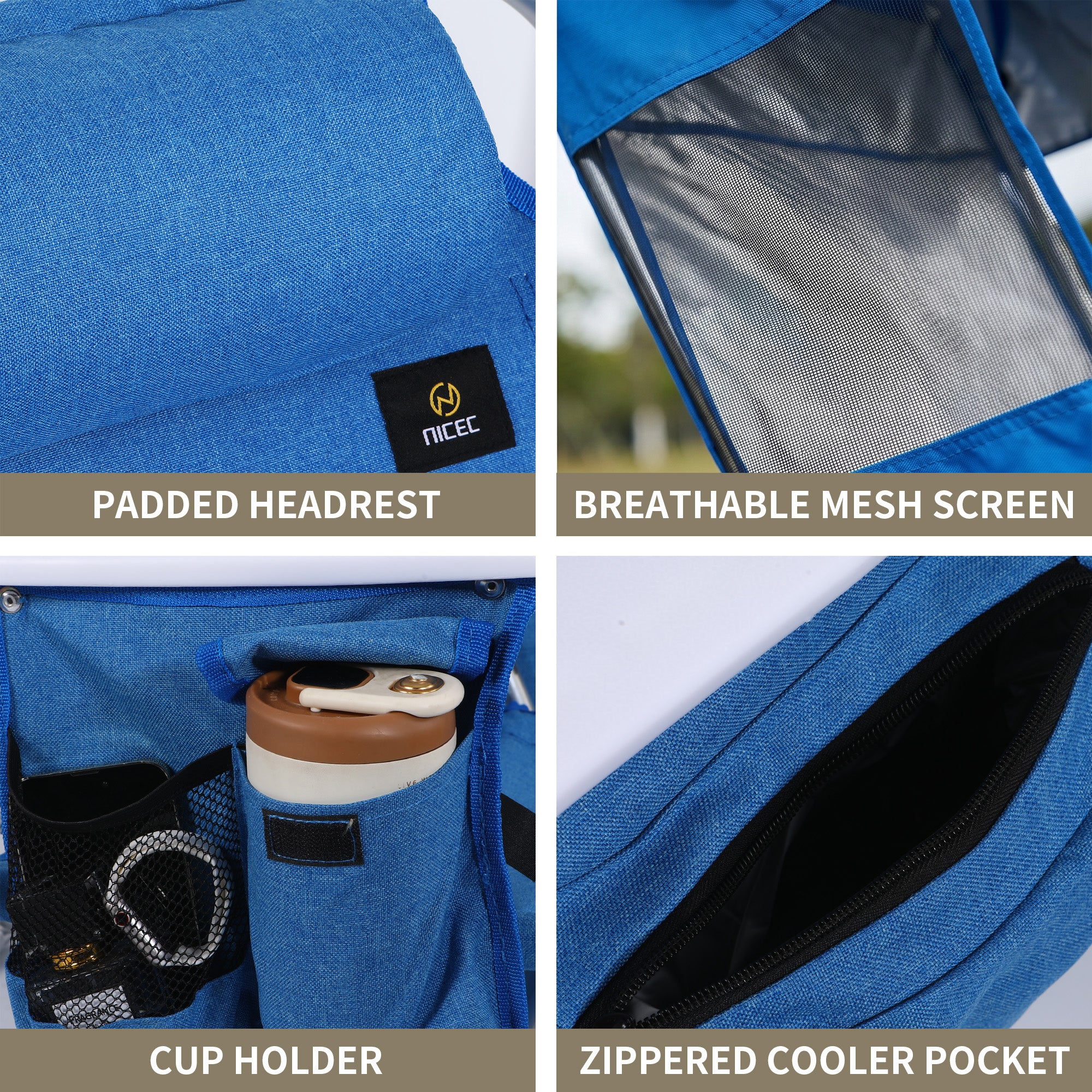 Nice C 5 Position Reclining Backpack Beach Chair with Canopy (Blue, 1 Pack/2 Pack) | Folding Beach Chair, Headrest, Cooler Pocket, Cup Holder, Lightweight, Fishing, Travel