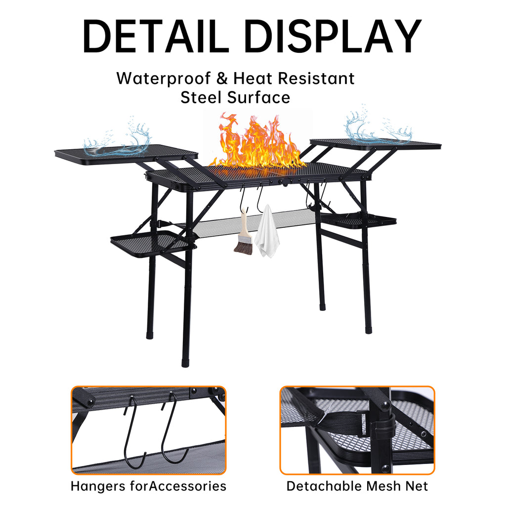 Nice C Camping Metal Table, Compact Outdoor Folding Tailgate Grill Table | Lightweight Fold-Up, 4 Side Tables, Mesh Net, BBQ, Camping, Picnic