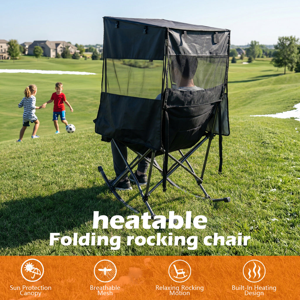 Nice C Heated XL Rocking Camping Chair with Canopy (1 Pack/2 Pck Heating, Black) | Outdoor Chair, Folding Rocker, Umbrella Chair, With Shade, Cup Holder, Cooler Bag, Sports, Patio, Backyard