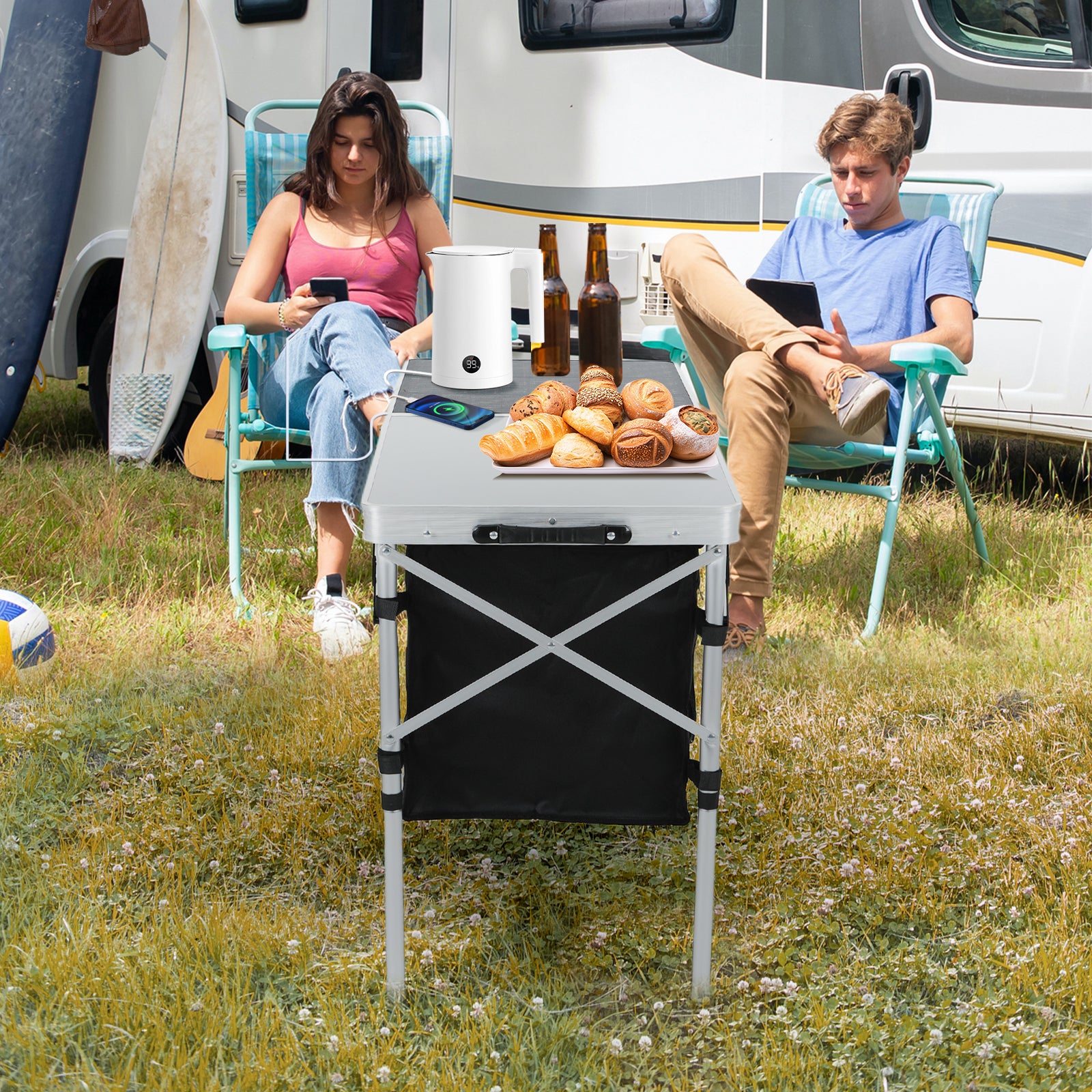 Nice C 45W Solar Folding Camping Table with Storage, USB/Type-C/DC Output, Outdoor Picnic & BBQ