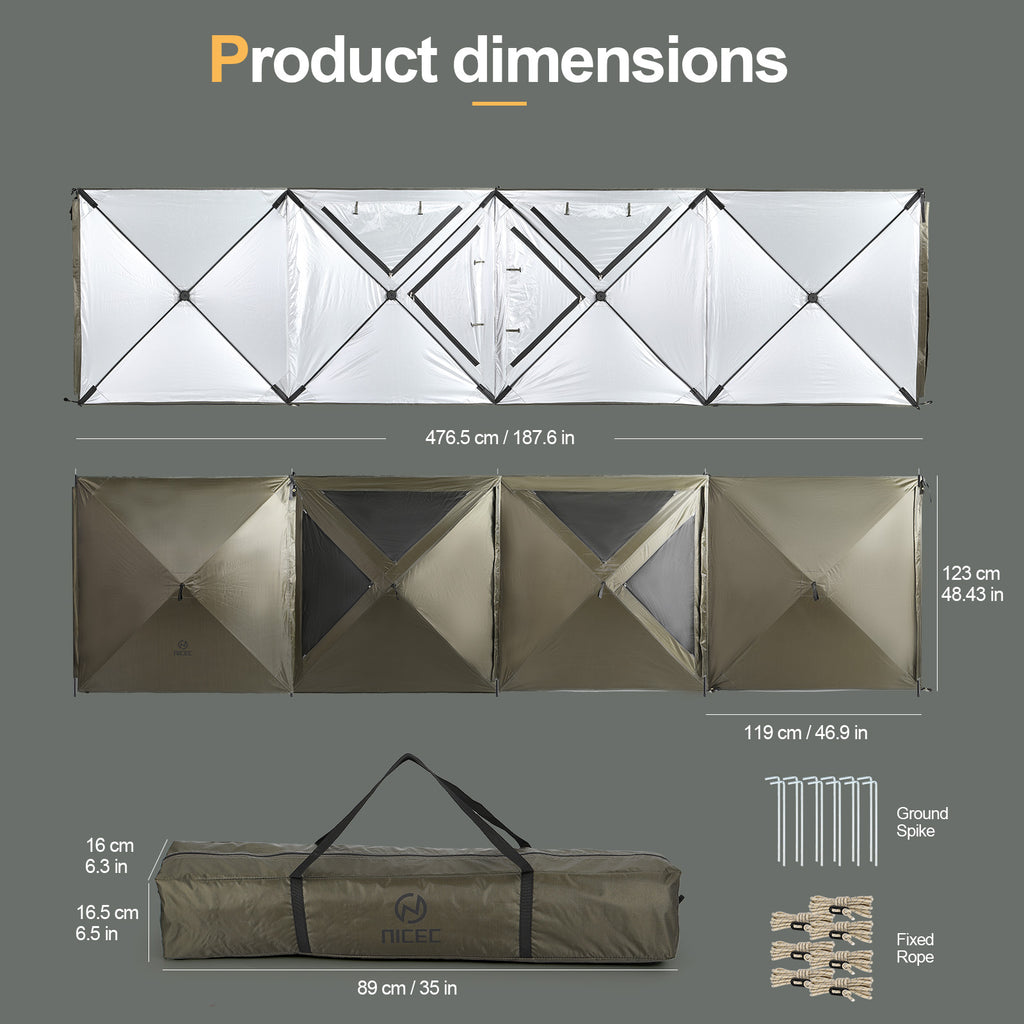 Nice C Camping Wind Sceen, 4 Panels Beach Garden Wind Blocker Breaker, 4 FT Privacy Fence Screen, with Mesh Window, Poles, Ground Nails Included (Green)