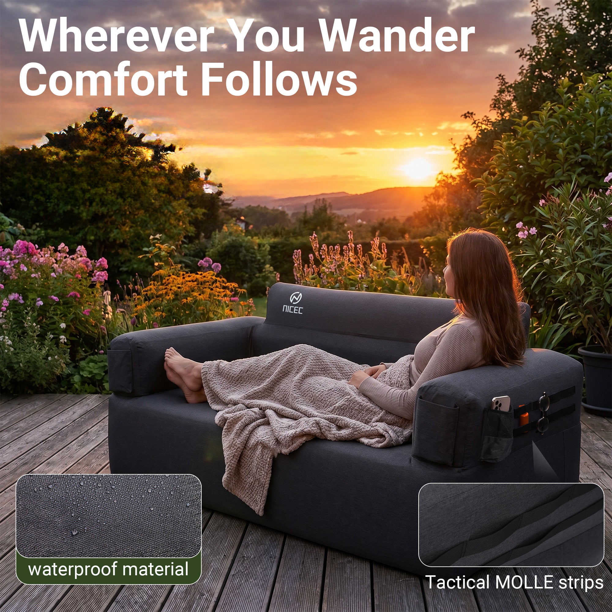 Nice C Inflatable Blow Up Camping Couch with Built-in Pump (1/2 Person) | Portable Inflatable Sofa, Built-in Electric Pump, Cup Holder, Storage Pocket, MOLLE Straps, Camping, Outdoor Lounger, Adults