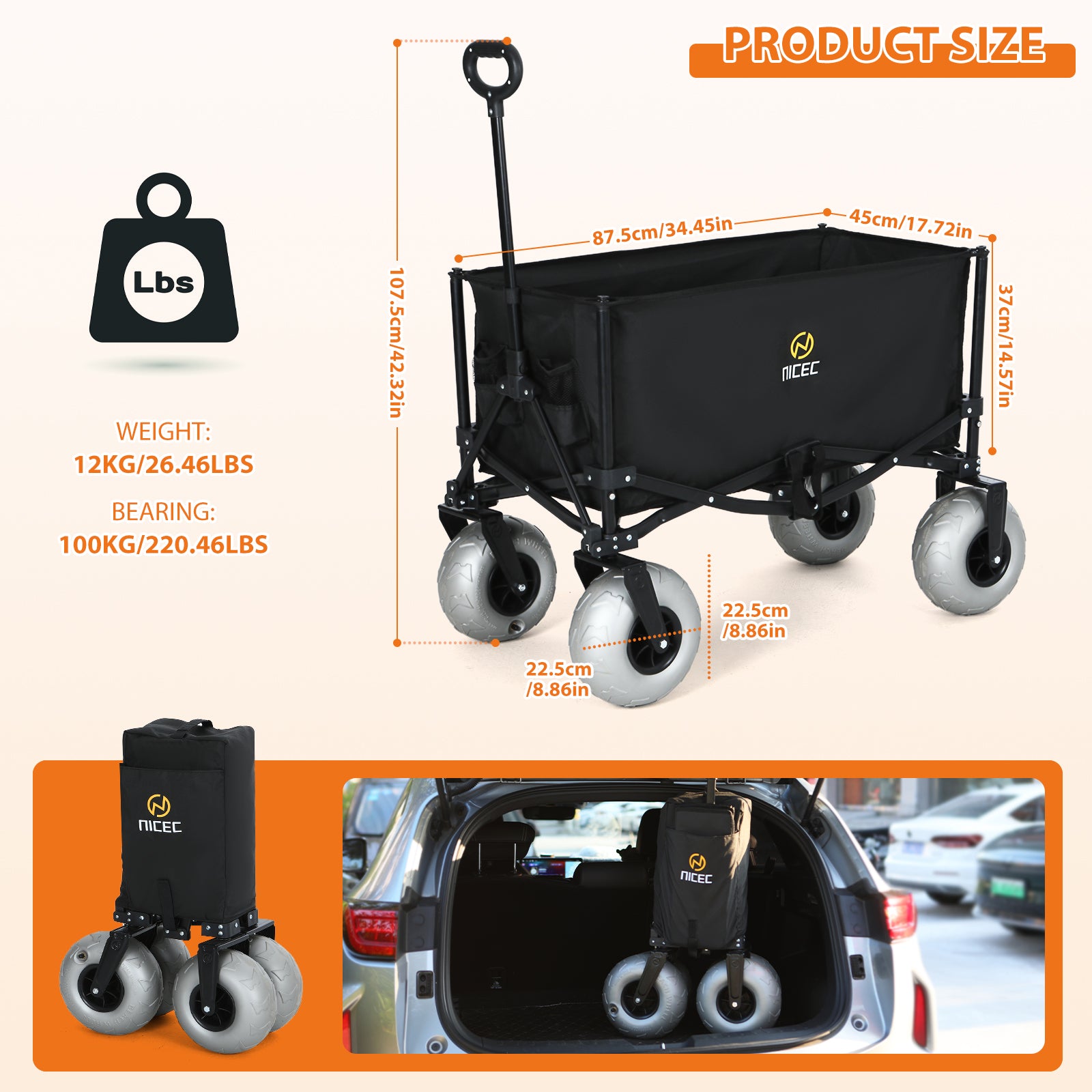 Nice C Beach Cart with Balloon Wheels, Heavy-Duty Folding Wagon for Sand, Adjustable Handle, Collapsible Utility Cart, 220 lbs Capacity