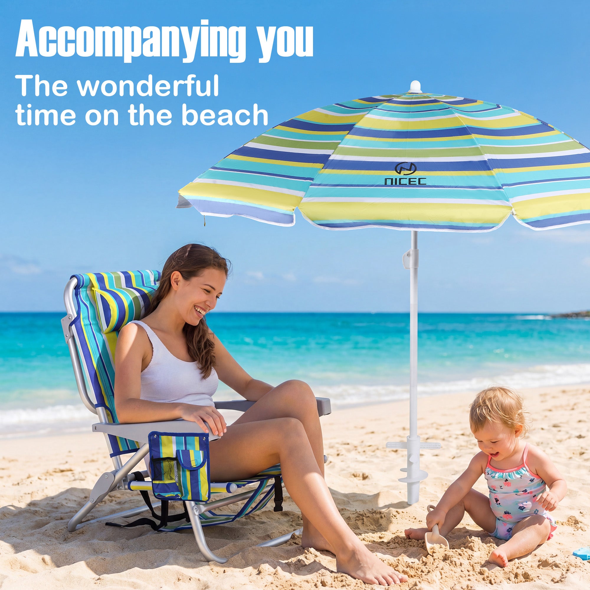 Nice C Backpack Beach Chair with Umbrella, Stripe Sand Lake Chair (1 Pack/2 Pack) | Low Beach Chair, Backpack Beach Chair, Sillas De Playa, High Back, Cooler, Cup Holder, Heavy Duty, Adults