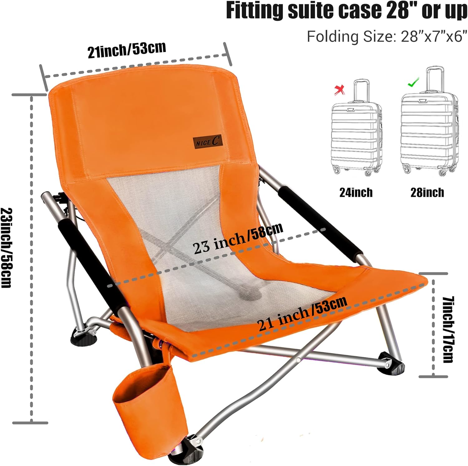 Nice C Folding Low Beach Chair for Adults – Sling Seat with Cup Holder