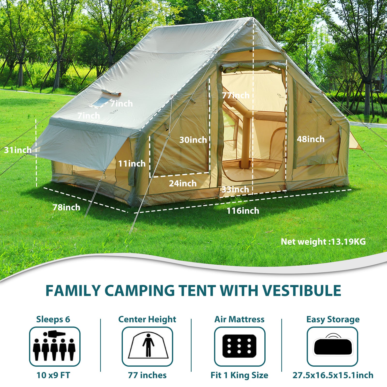 Nice C 6-Person Inflatable Camping Tent, Glamping Tent with Air Pump, Waterproof &amp; Windproof, Easy Setup