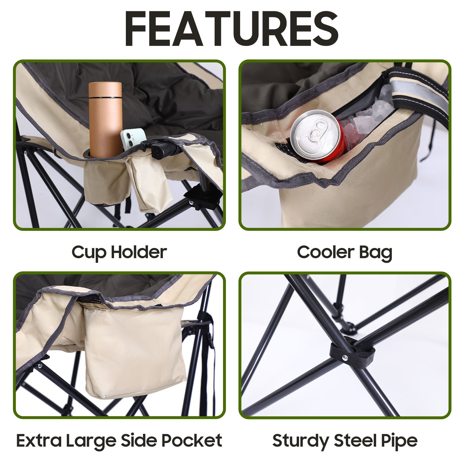 Nice C Heavy-Duty Folding Camping Chair, Thick Padded Seat with Storage &amp; Cup Holder 