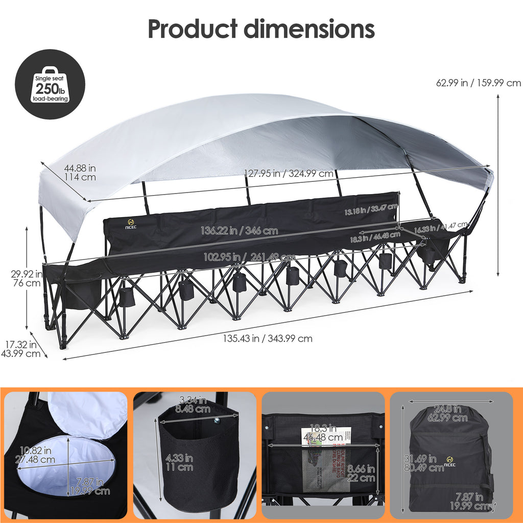 Nice C 6 Seat Folding Team Bench with Canopy & Cooler (Black) | Sun Shade, Portable Soccer Bench, Canopy Chair, Cup Holders, Cooler Bag, Soccer, Football, Basketball, Camping, Events