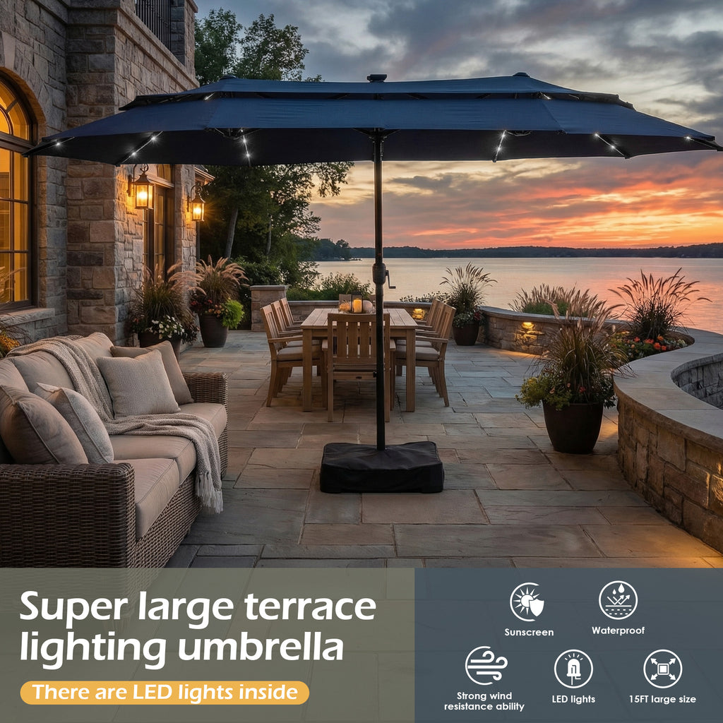 Nice C 13/15FT Lighted Double Layer Patio Umbrella with Crank (Blue) | Rectangular Market Umbrella, LED Lights, Large Outdoor Shade, Poolside, Deck, Backyard, Patio, Garden, 13FT, 15FT