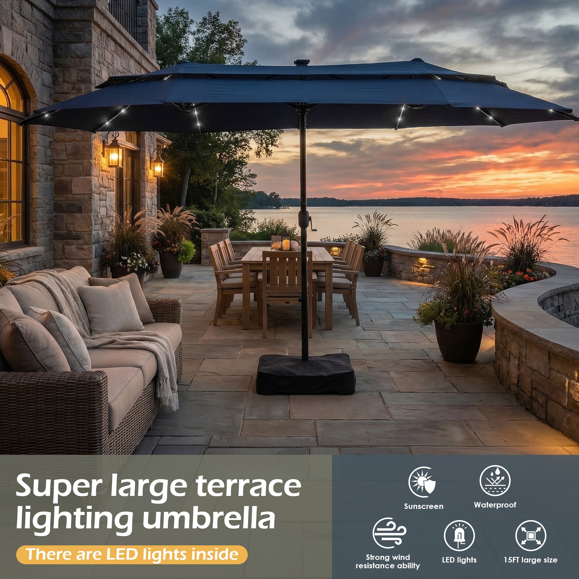 Nice C 13/15FT Lighted Double Layer Patio Umbrella with Crank (Blue) | Rectangular Market Umbrella, LED Lights, Large Outdoor Shade, Poolside, Deck, Backyard, Patio, Garden, 13FT, 15FT