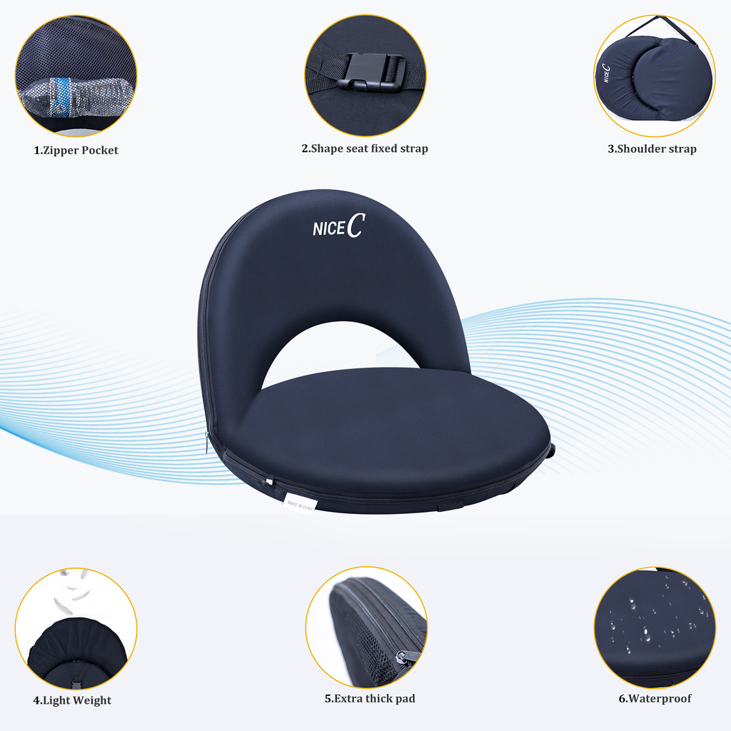 Nice C Reclining Stadium Seat, Floor Chair, Bleacher Seat (1 Pack/2 Pack, Black) | 10-Position Reclining Chair, Waterproof Cushion, Ultralight, Foldable, Extra Thick Padding, Shoulder Strap, Net Pocket