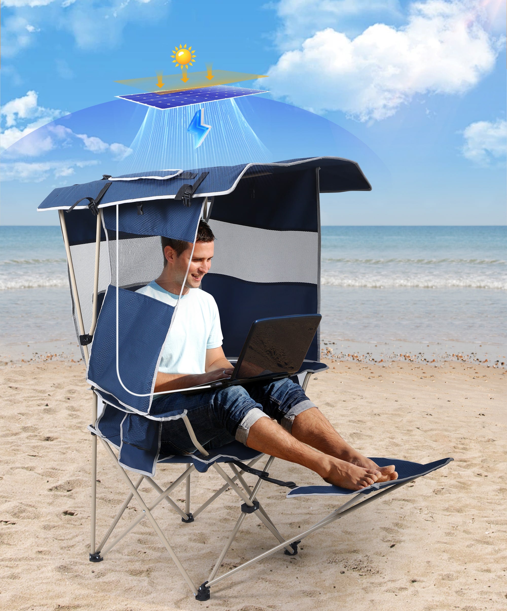 Nice C Chair with Canopy, Solar USB Charging, Removable Footrest &amp; Cooler Bag 