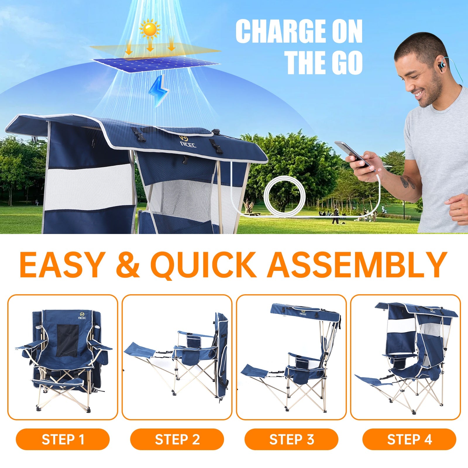 Nice C Chair with Canopy, Solar USB Charging, Removable Footrest &amp; Cooler Bag 