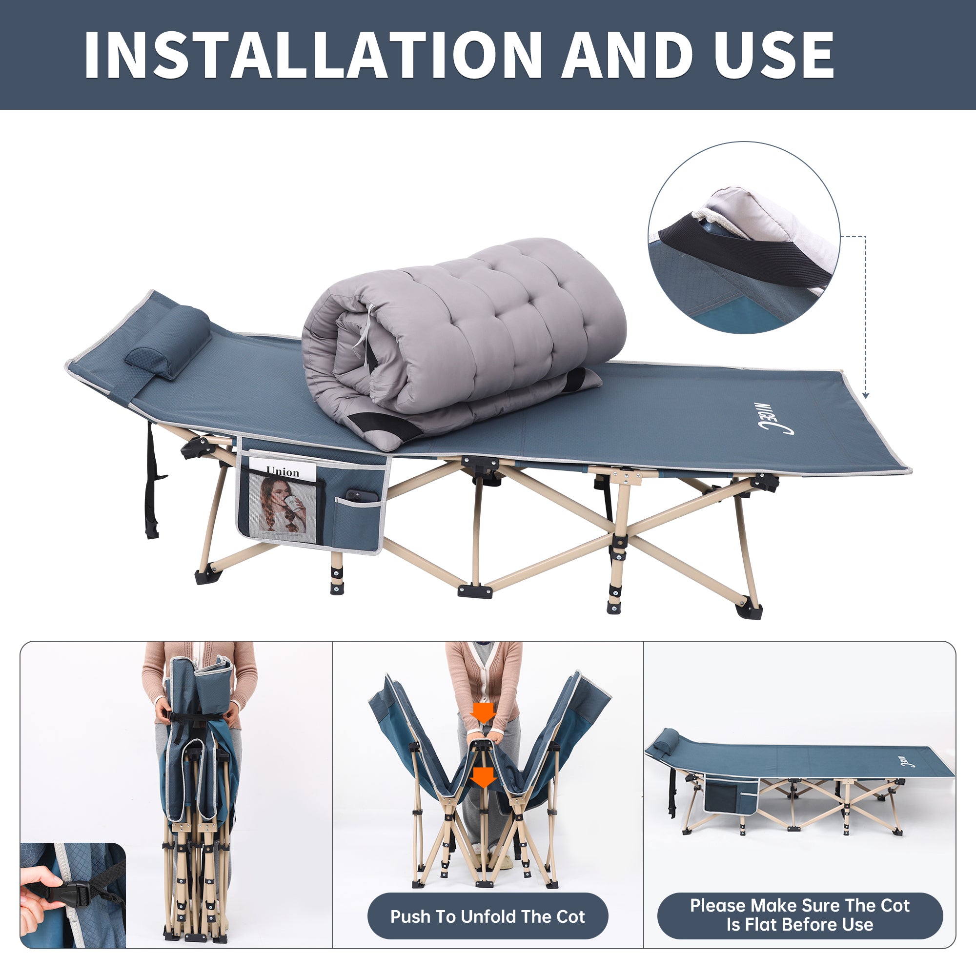 Nice C Camping Cot with Cushion, Folding Cot with Mattress\ Camping Bed with Pillow, Mattress Included, Extra Wide, 500 lb Capacity, Carry Bag, Storage Pocket
