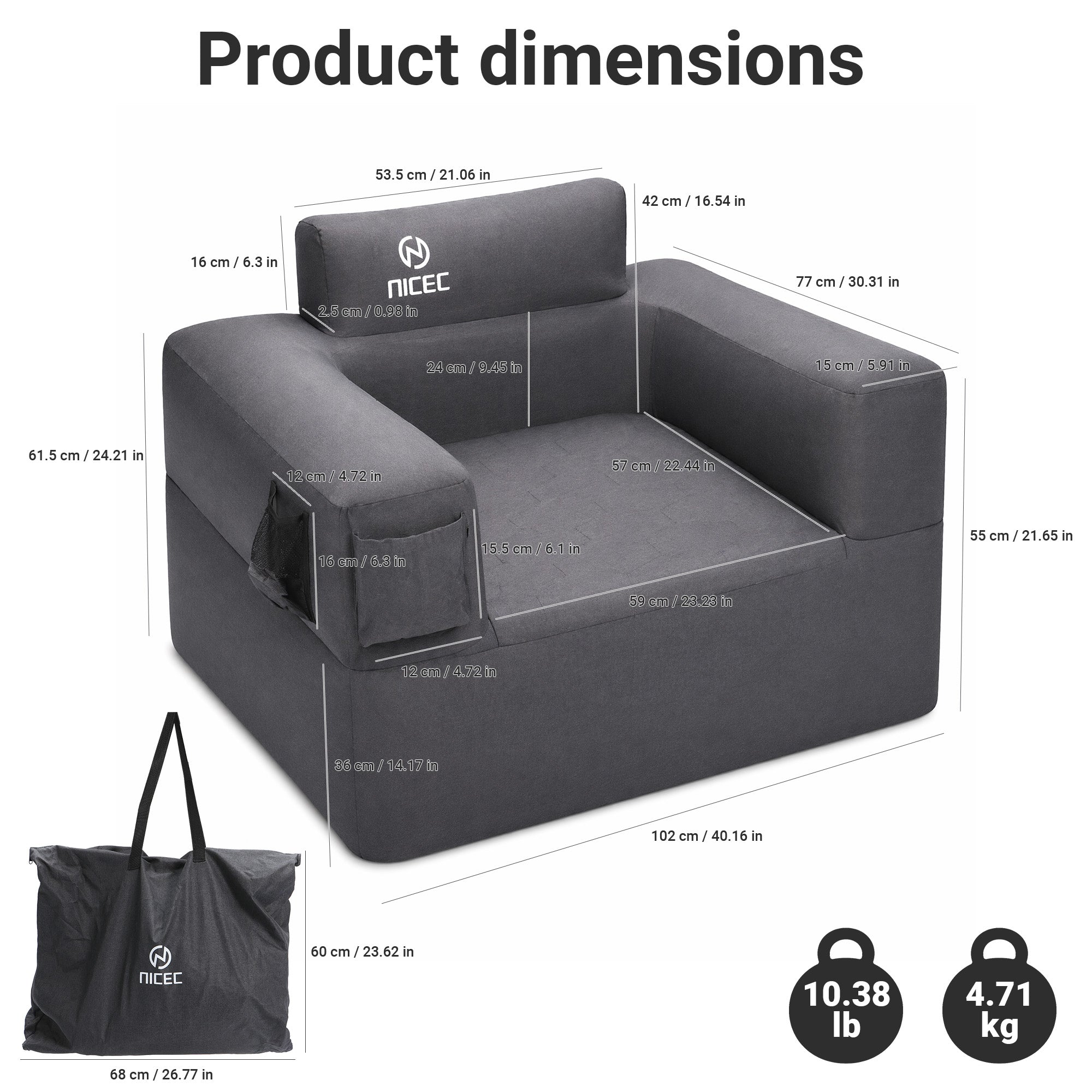 Nice C Inflatable Blow Up Camping Couch with Built-in Pump (1/2 Person) | Portable Inflatable Sofa, Built-in Electric Pump, Cup Holder, Storage Pocket, MOLLE Straps, Camping, Outdoor Lounger, Adults