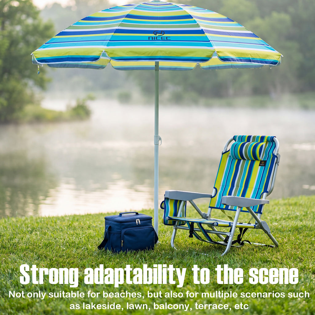 Nice C Backpack Beach Chair with Umbrella, Stripe Sand Lake Chair (1 Pack/2 Pack) | Low Beach Chair, Backpack Beach Chair, Sillas De Playa, High Back, Cooler, Cup Holder, Heavy Duty, Adults