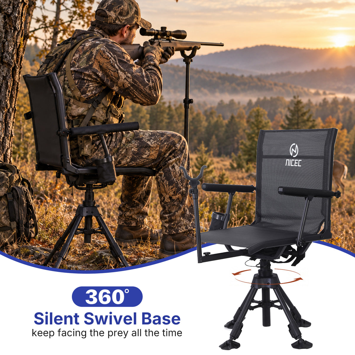Nice C 360° Swivel Silent Hunting Blind Chair with Gun Rest