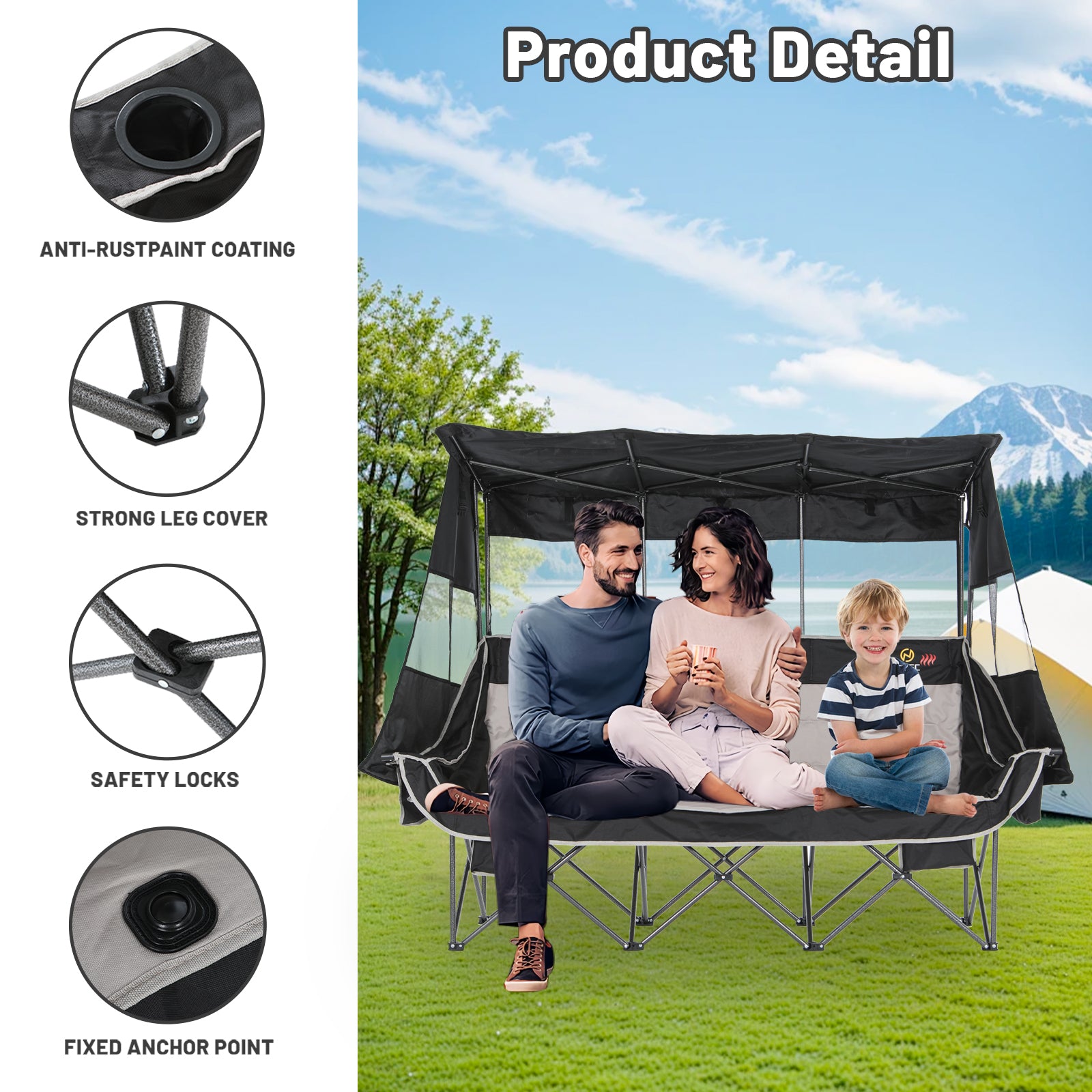 Nice C Heated 3 Person Camping Chair with Canopy, Oversized Padded Loveseat with Cooler &amp; Cup Holder