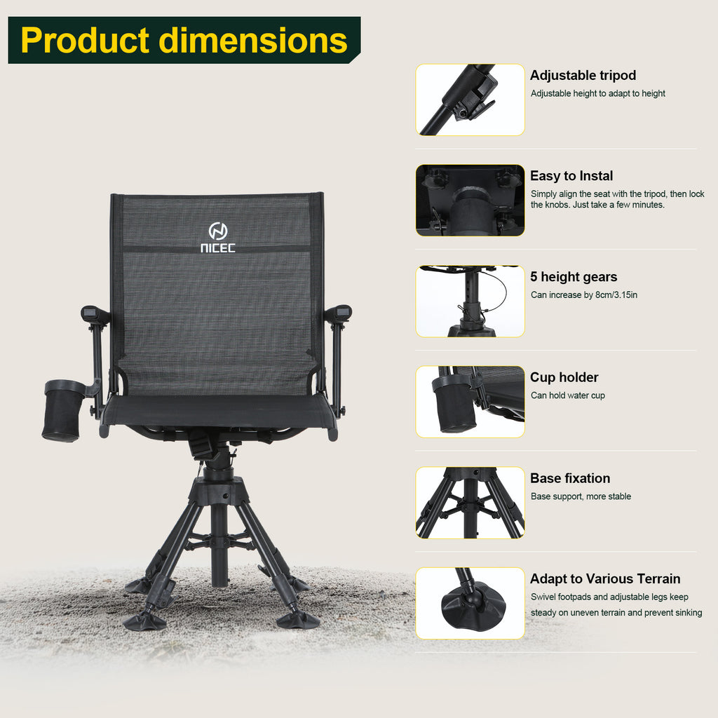 Nice C 360° Swivel Hunting Chair, Silent Rotating Blind Chair with Adjustable Height, Armrest &amp; No-Sink Feet