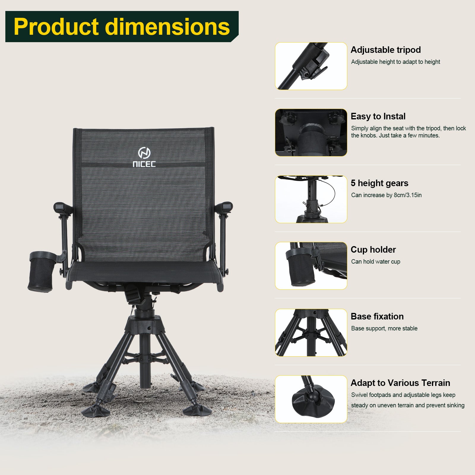 Nice C 360° Swivel Hunting Chair, Silent Rotating Blind Chair with Adjustable Height, Armrest &amp; No-Sink Feet