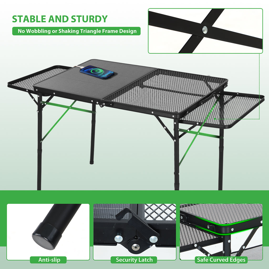 Nice C Solar-Powered Camping Table, USB/Type-C/DC Charging, Mesh Storage, Cup Holders