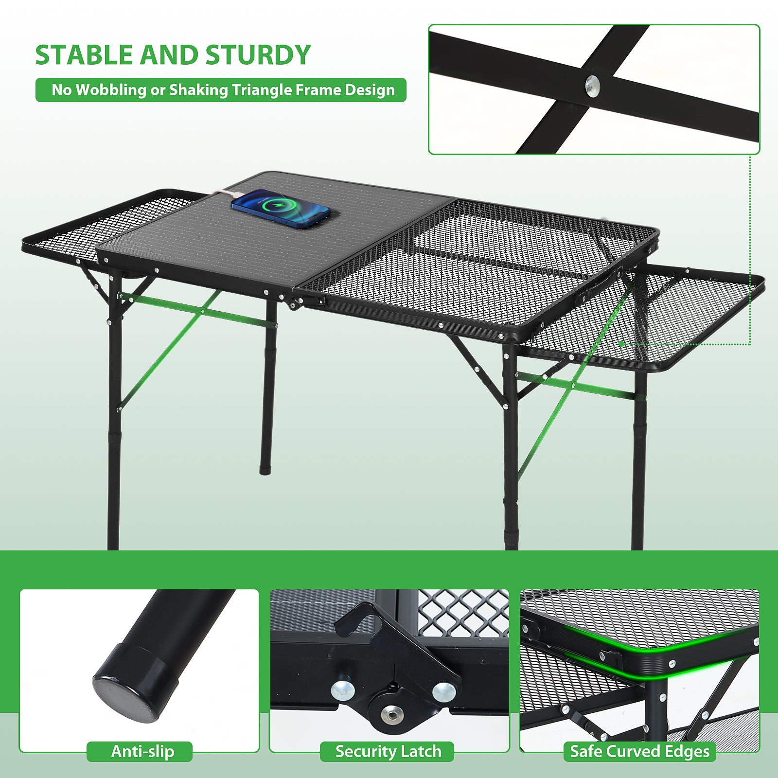 Nice C Solar-Powered Camping Table, USB/Type-C/DC Charging, Mesh Storage, Cup Holders