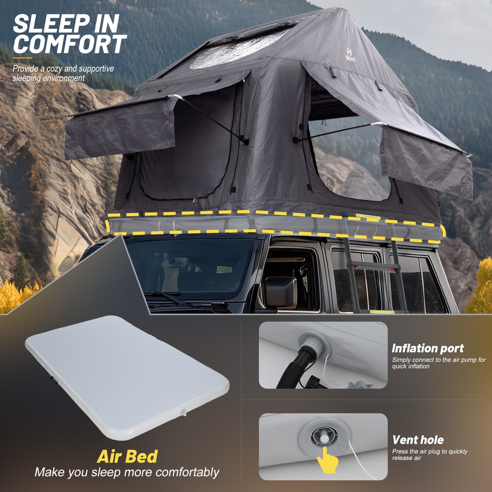 Nice C Inflatable Rooftop Tent, Black & Grey SUV Camping Tent with Mattress, Ladder & Pump, Waterproof Overland Design