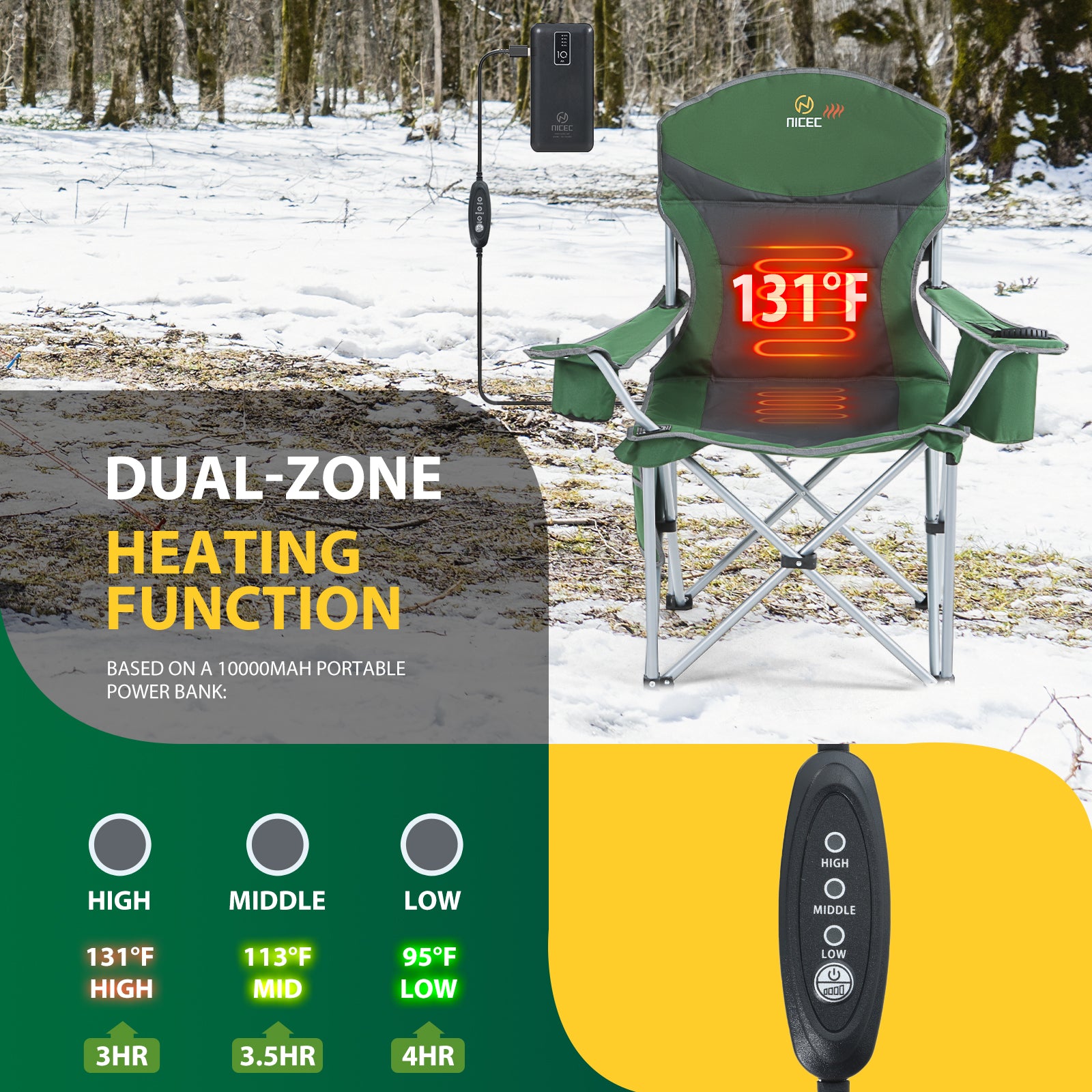 Green &amp; Gray Nice C Heated Camping Chair with Battery, Folding Outdoor Chair with Cooler &amp; Power Bank 