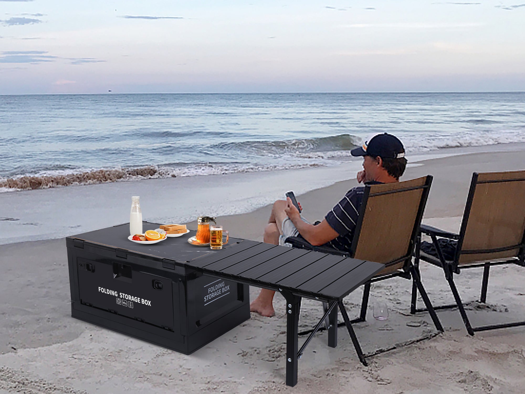 Nice C Folding Table, Storage Bin with Table, Collapsible Storage Box with Table, Organizing Containers Plastic with Wood Lid and 2 Side Doors, Stackable Organizer