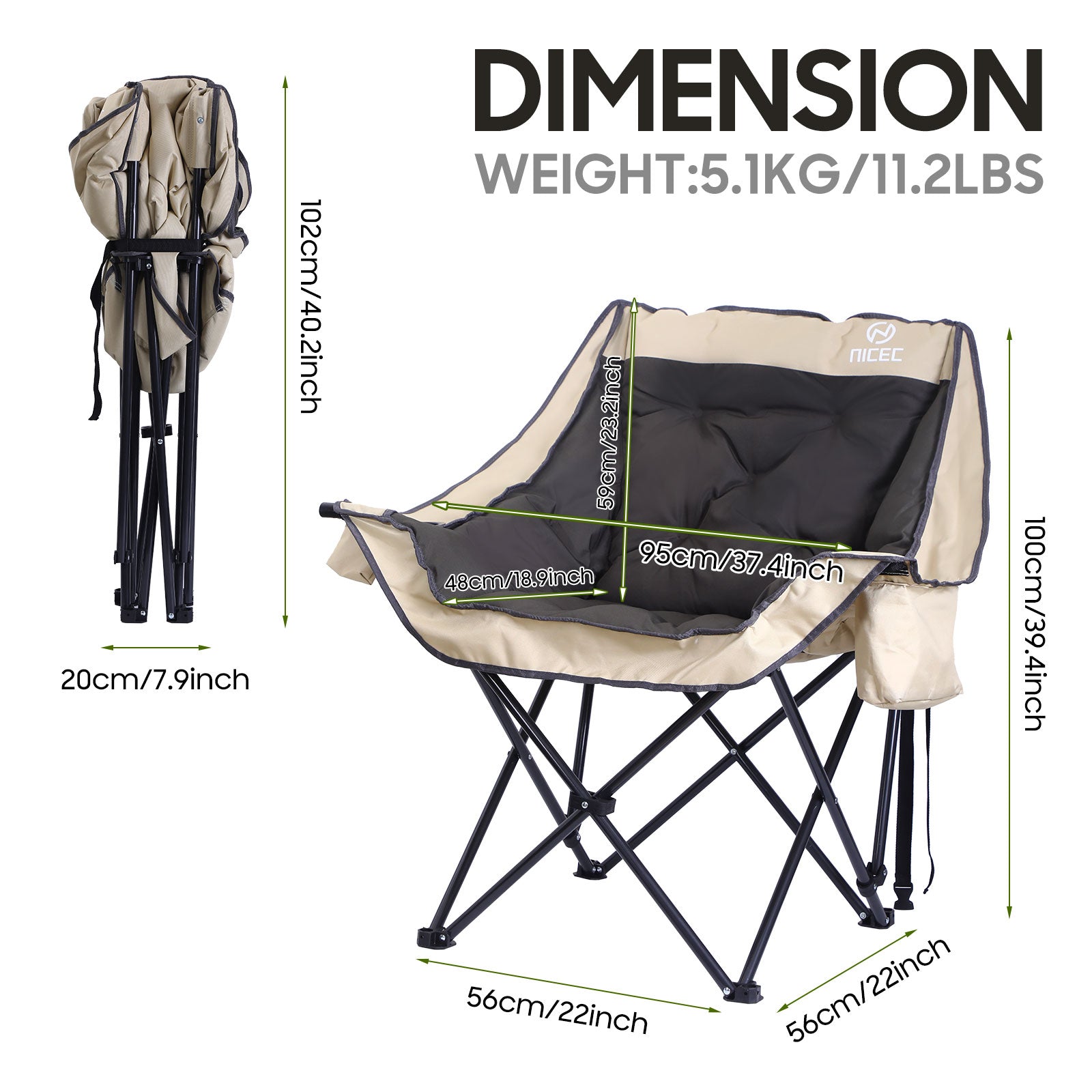 Nice C Heavy-Duty Folding Camping Chair, Thick Padded Seat with Storage &amp; Cup Holder 