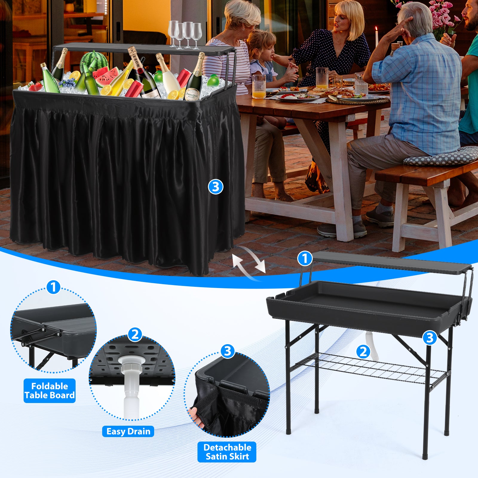 Nice C 4 ft Folding Ice Cooler Table – Party, Grazing &amp; Outdoor Table with Drain, Storage Shelf, and Matching Skirt 
