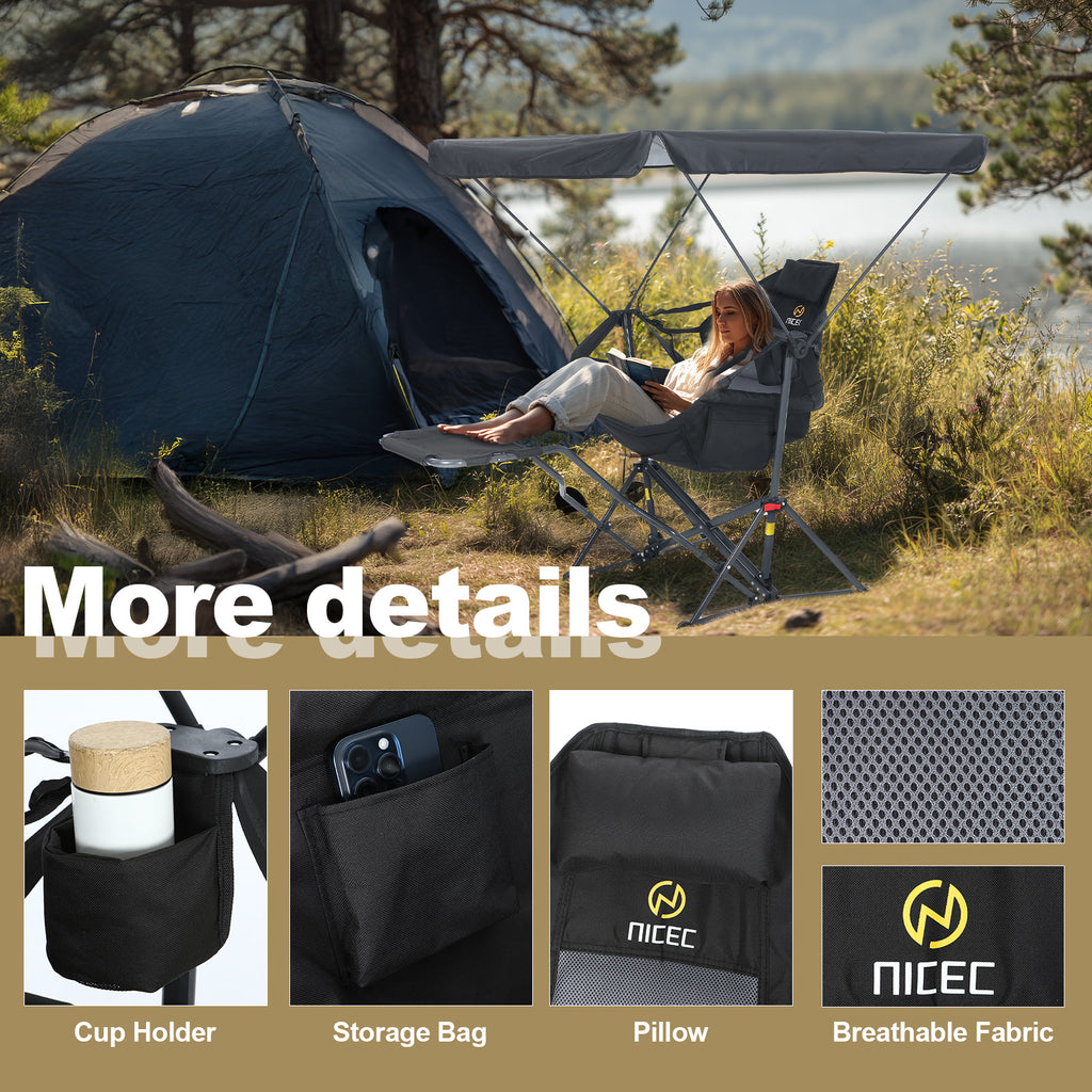 Nice C Hammock Chair with Adjustable Canopy & Detachable Footrest | Portable Swinging Chair, Folding Rocking Design, Cup Holder, Carry Bag, Camping, Beach, Backyard, Outdoor