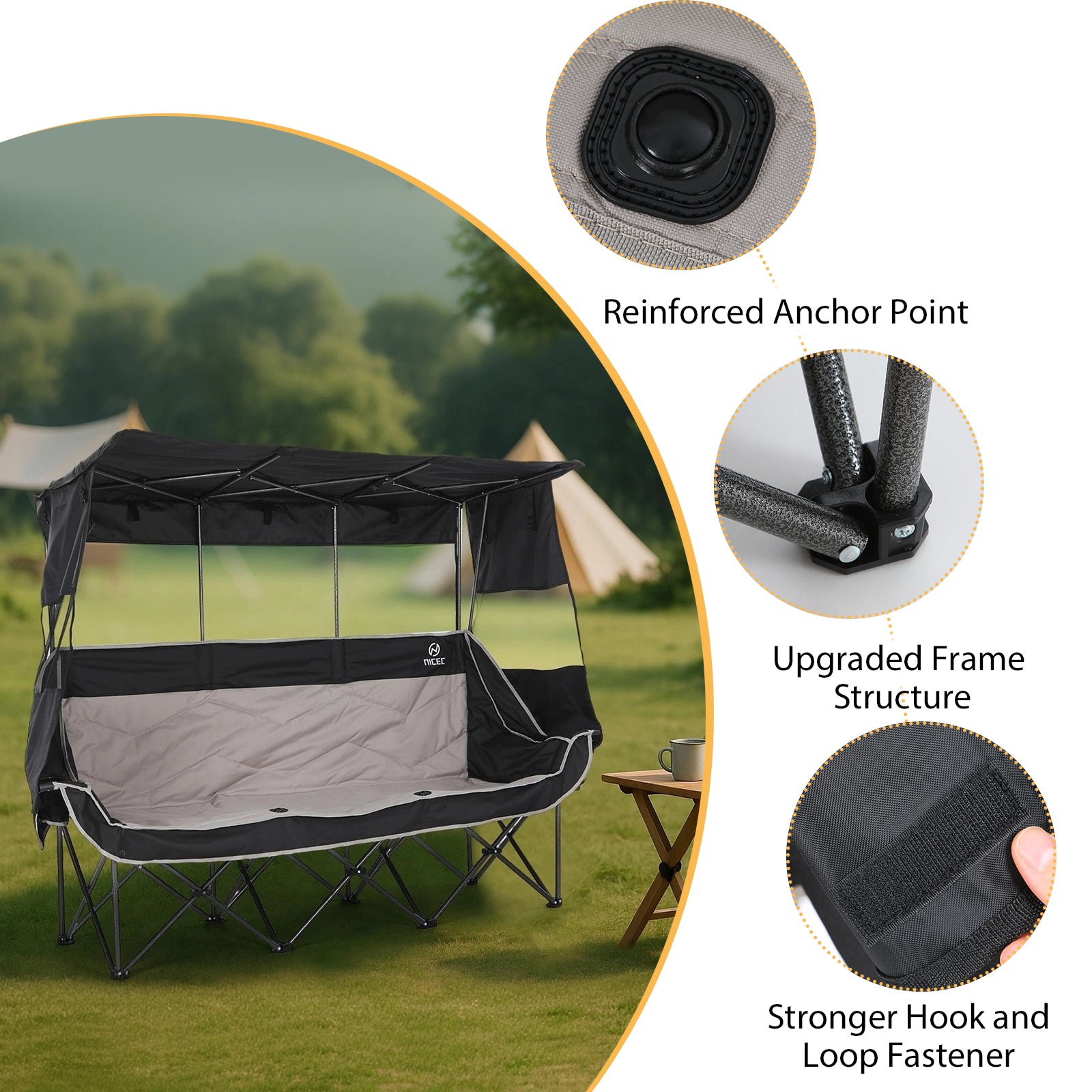 Nice C Triple Camping Loveseat with Shade, Folding 3-Seat Outdoor Chair with Cooler Bag &amp; Cup Holders, Padded for Comfort