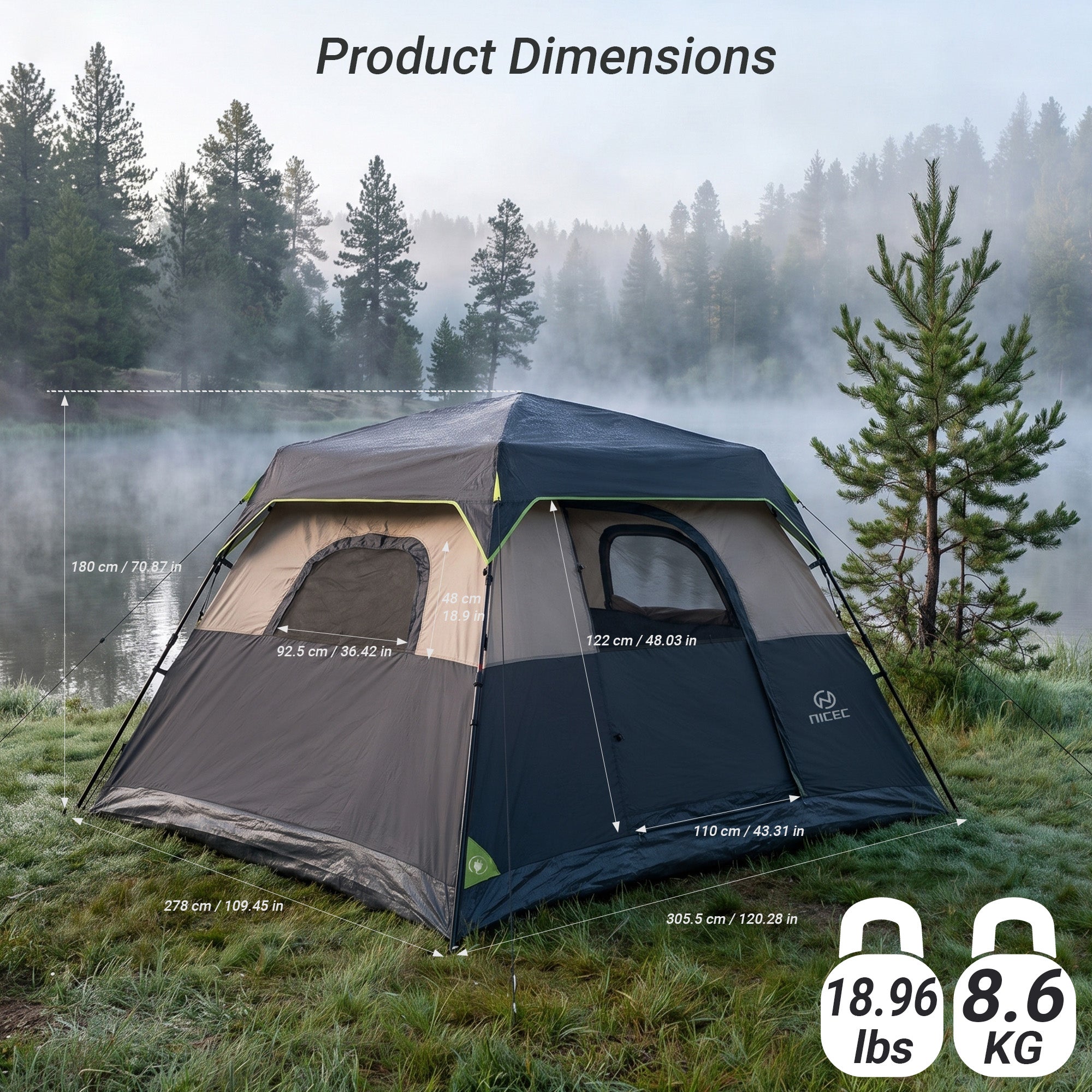 Nice C Instant 4/6/8 Person Camping Cabin Tent | Easy Setup, Waterproof Outdoor Shelter, With Rainfly, Carry Bag, For Camping, Backyard, Festival, Family