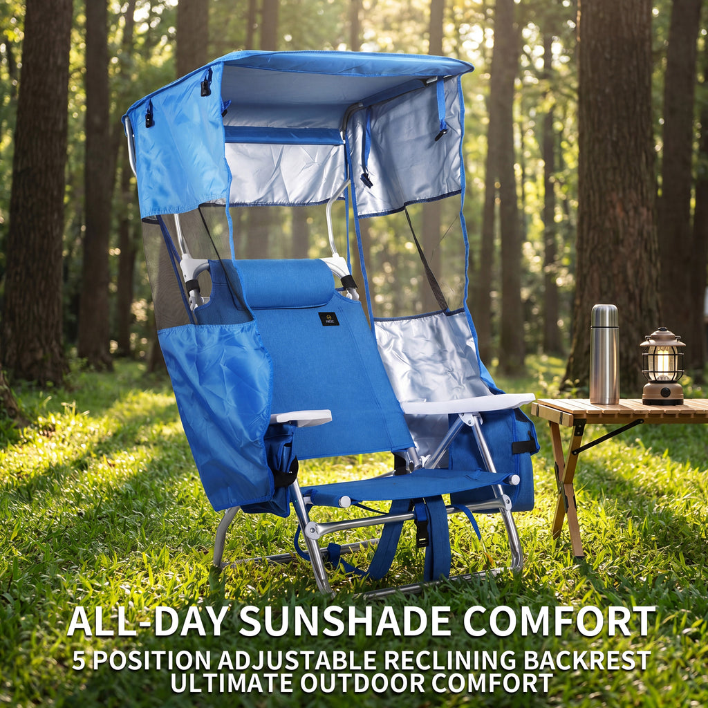 Nice C 5 Position Reclining Backpack Beach Chair with Canopy (Blue, 1 Pack/2 Pack) | Folding Beach Chair, Headrest, Cooler Pocket, Cup Holder, Lightweight, Fishing, Travel