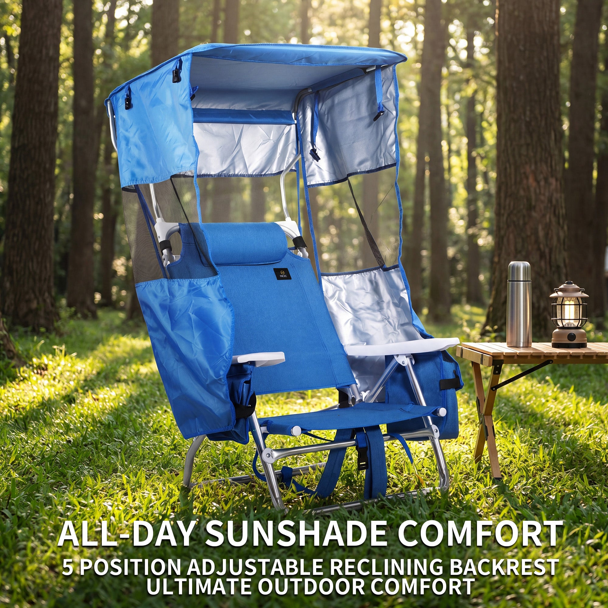 Nice C 5 Position Reclining Backpack Beach Chair with Canopy (Blue, 1 Pack/2 Pack) | Folding Beach Chair, Headrest, Cooler Pocket, Cup Holder, Lightweight, Fishing, Travel