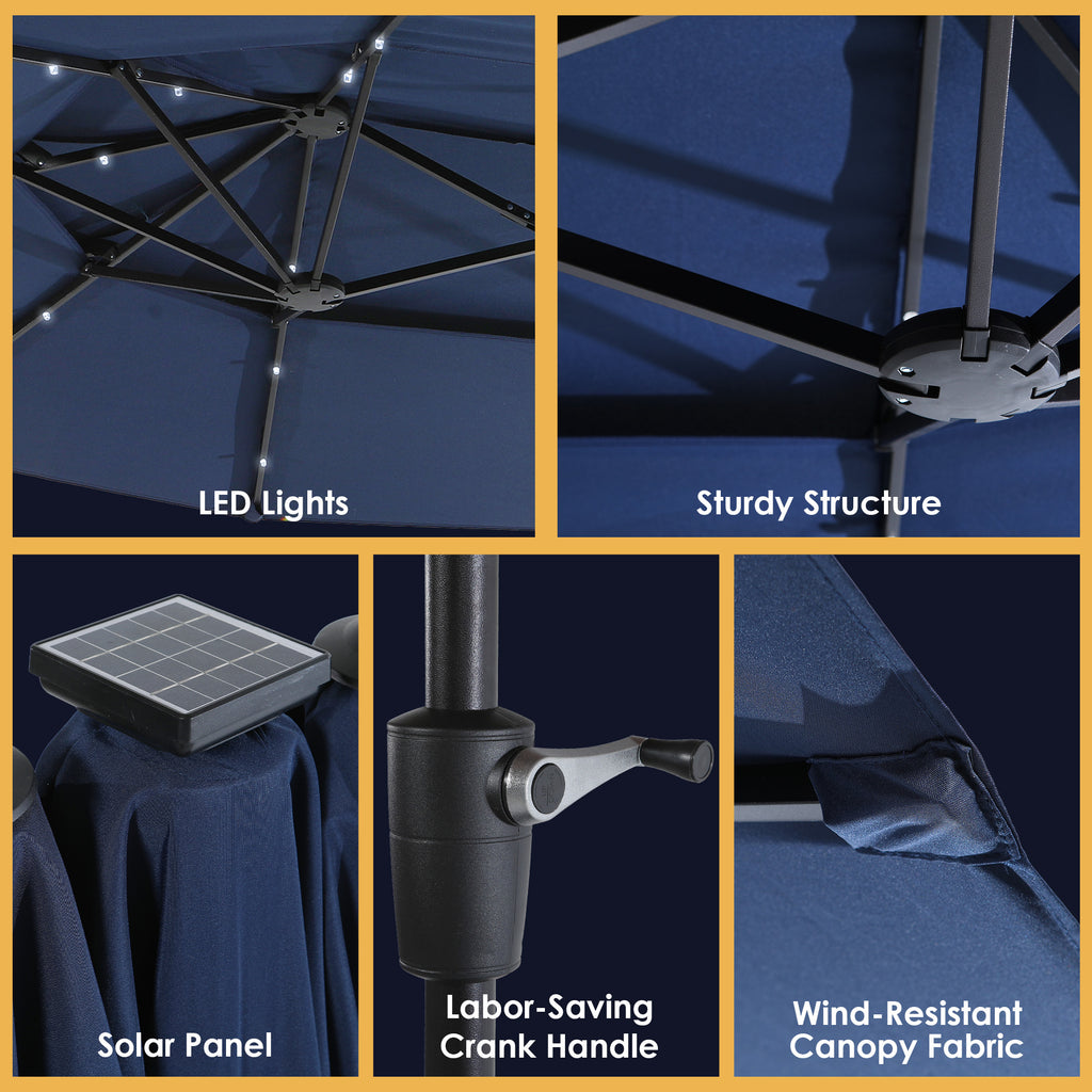 Nice C 13/15FT Lighted Double Layer Patio Umbrella with Crank (Blue) | Rectangular Market Umbrella, LED Lights, Large Outdoor Shade, Poolside, Deck, Backyard, Patio, Garden, 13FT, 15FT