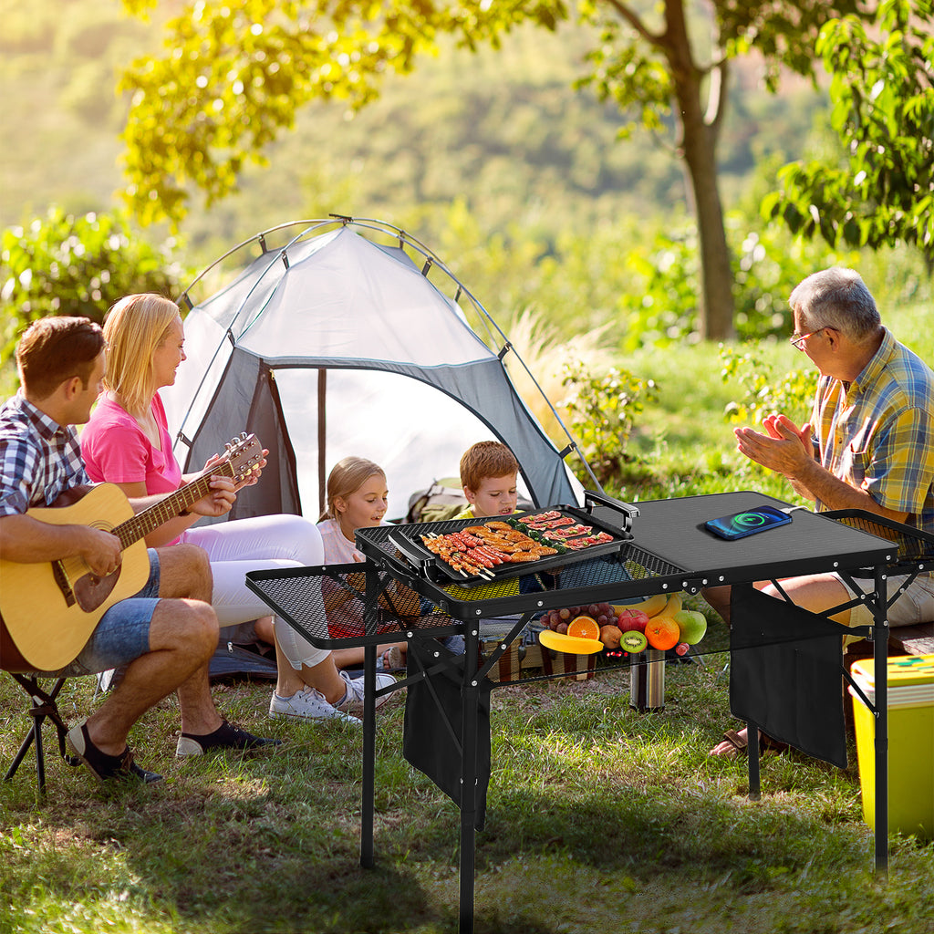 Nice C Solar-Powered Camping Table, USB/Type-C/DC Charging, Mesh Storage, Cup Holders