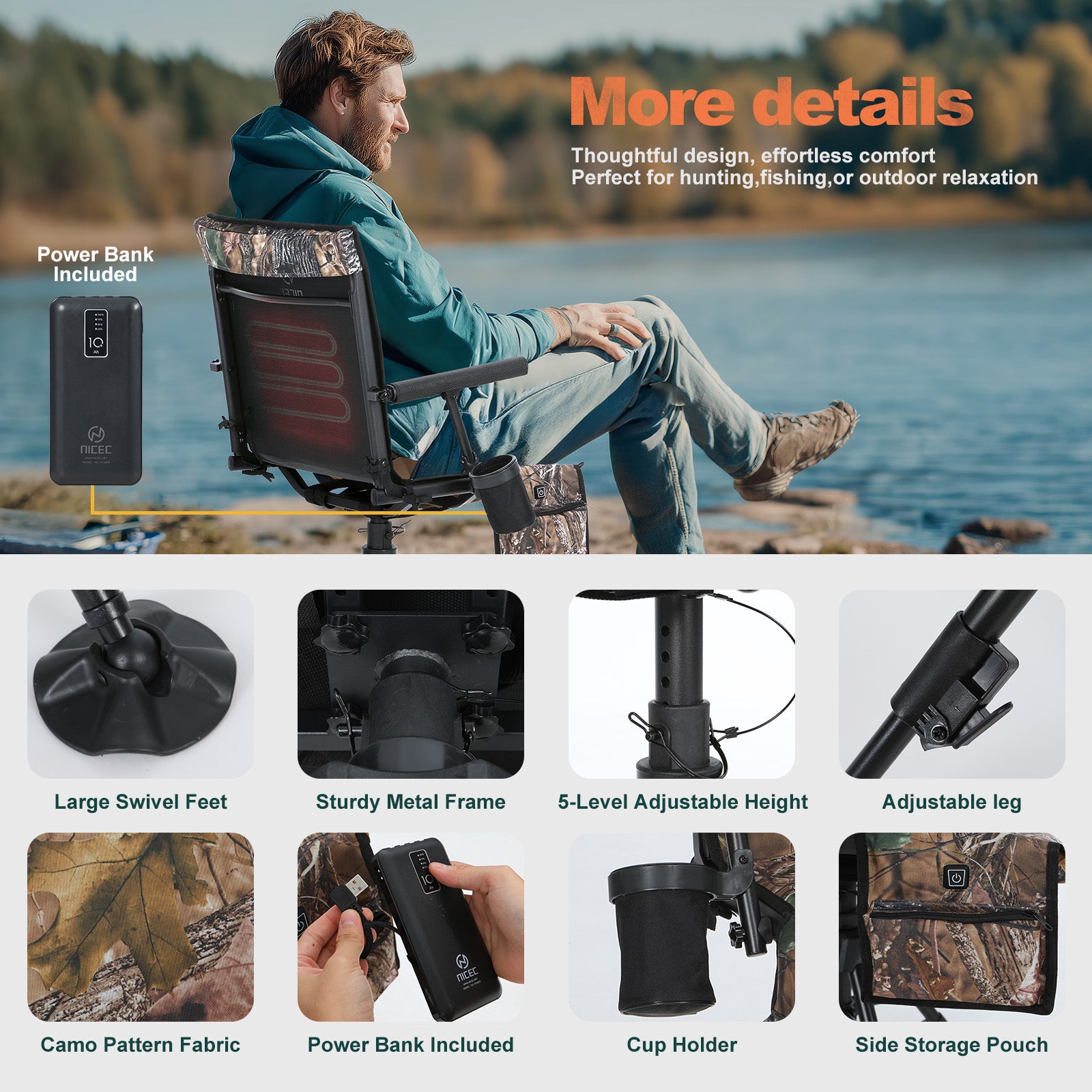 Nice C Heated Hunting Chair, Silent 360° Swivel Blind Chair, Adjustable Height, Portable Outdoor Hunting Seat