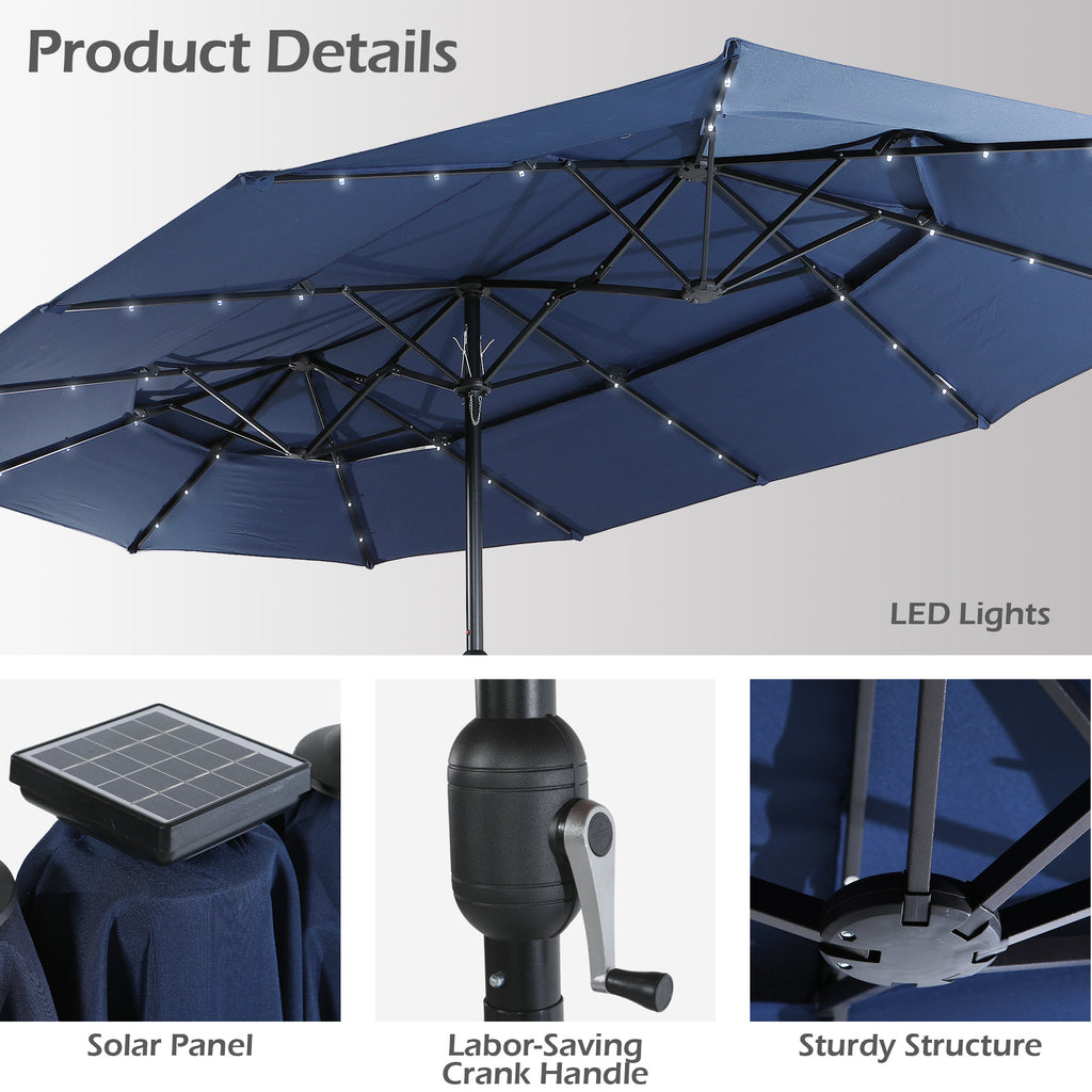 Nice C 13/15FT Lighted Double Layer Patio Umbrella with Crank (Blue) | Rectangular Market Umbrella, LED Lights, Large Outdoor Shade, Poolside, Deck, Backyard, Patio, Garden, 13FT, 15FT