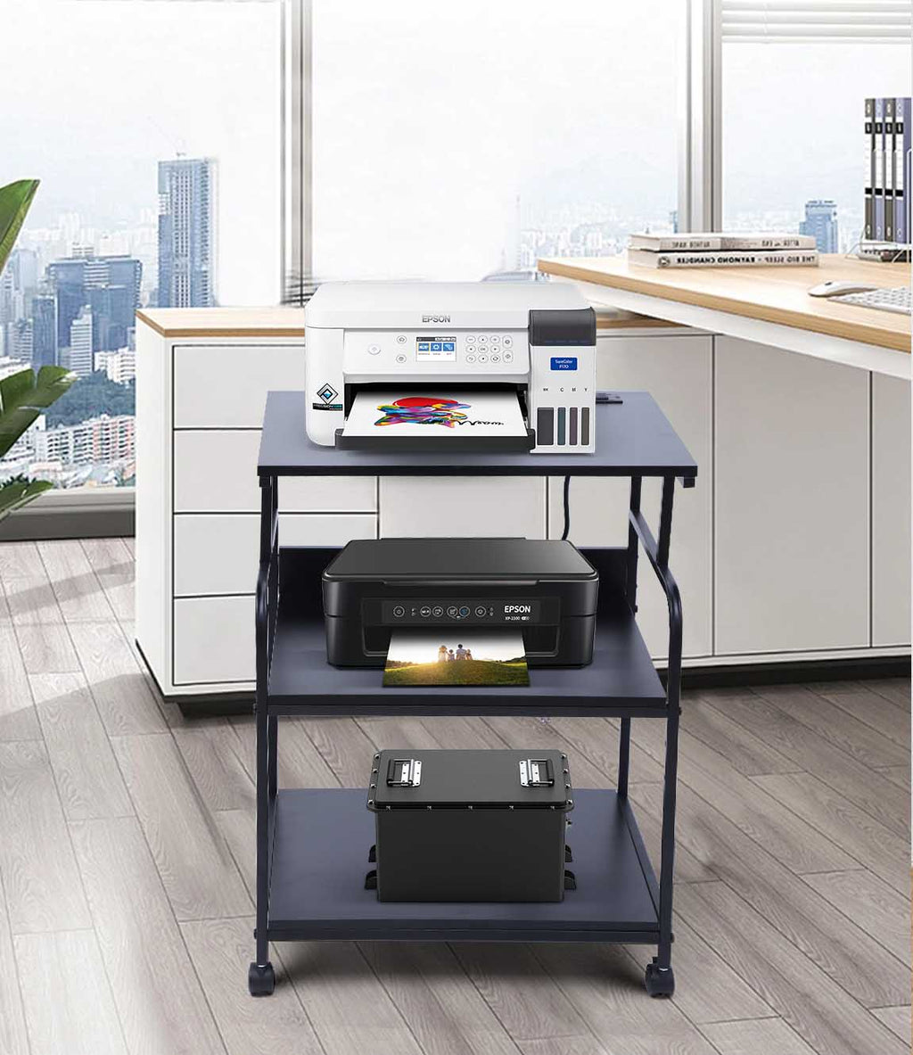 Nice C Printer Stand, Mobile Printer Cart, 3-Tier Printer Storage Rack with Charging Station and Roller for Office, Home (Black)