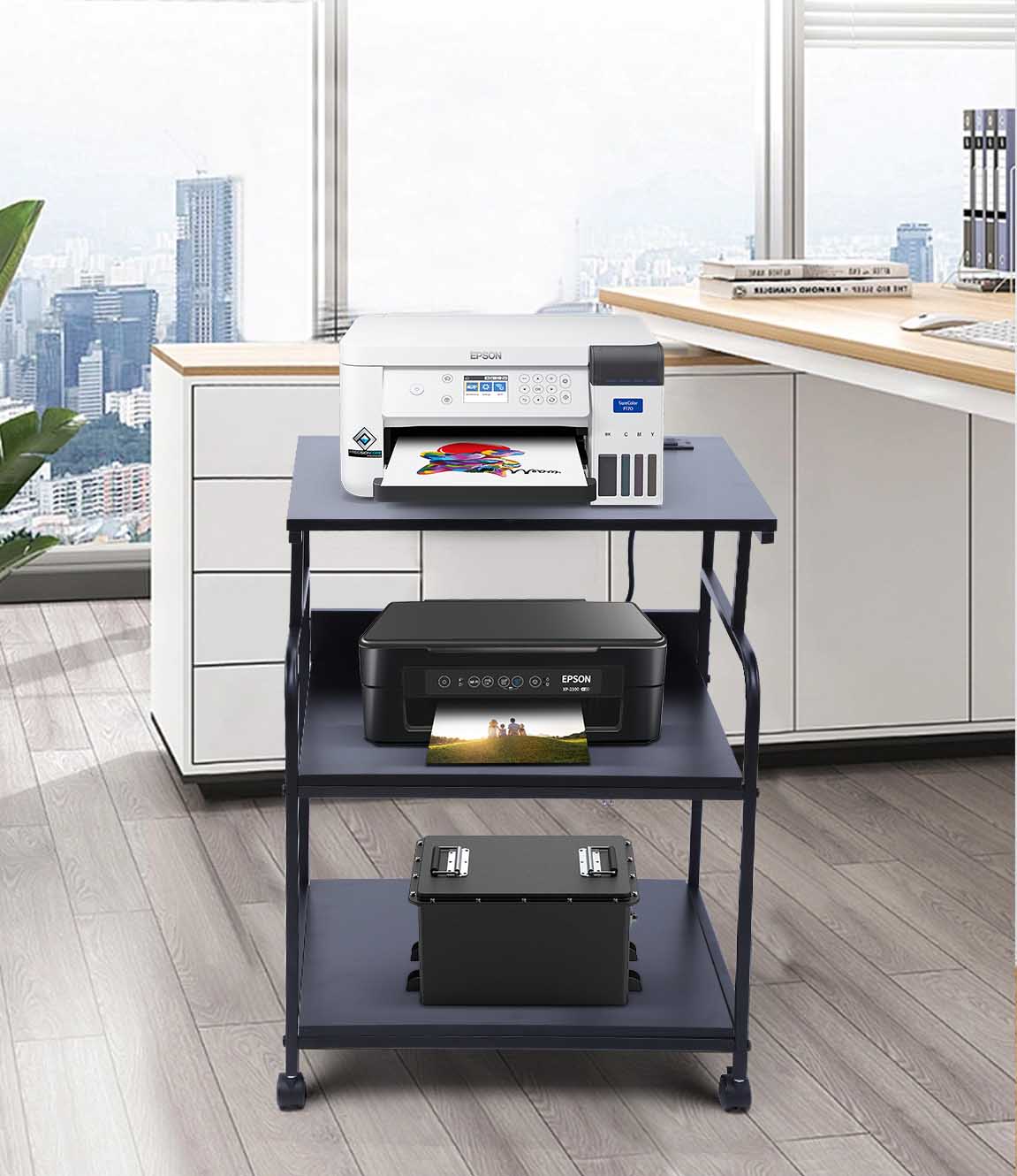 Nice C Printer Stand, Mobile Printer Cart, 3-Tier Printer Storage Rack with Charging Station and Roller for Office, Home (Black)